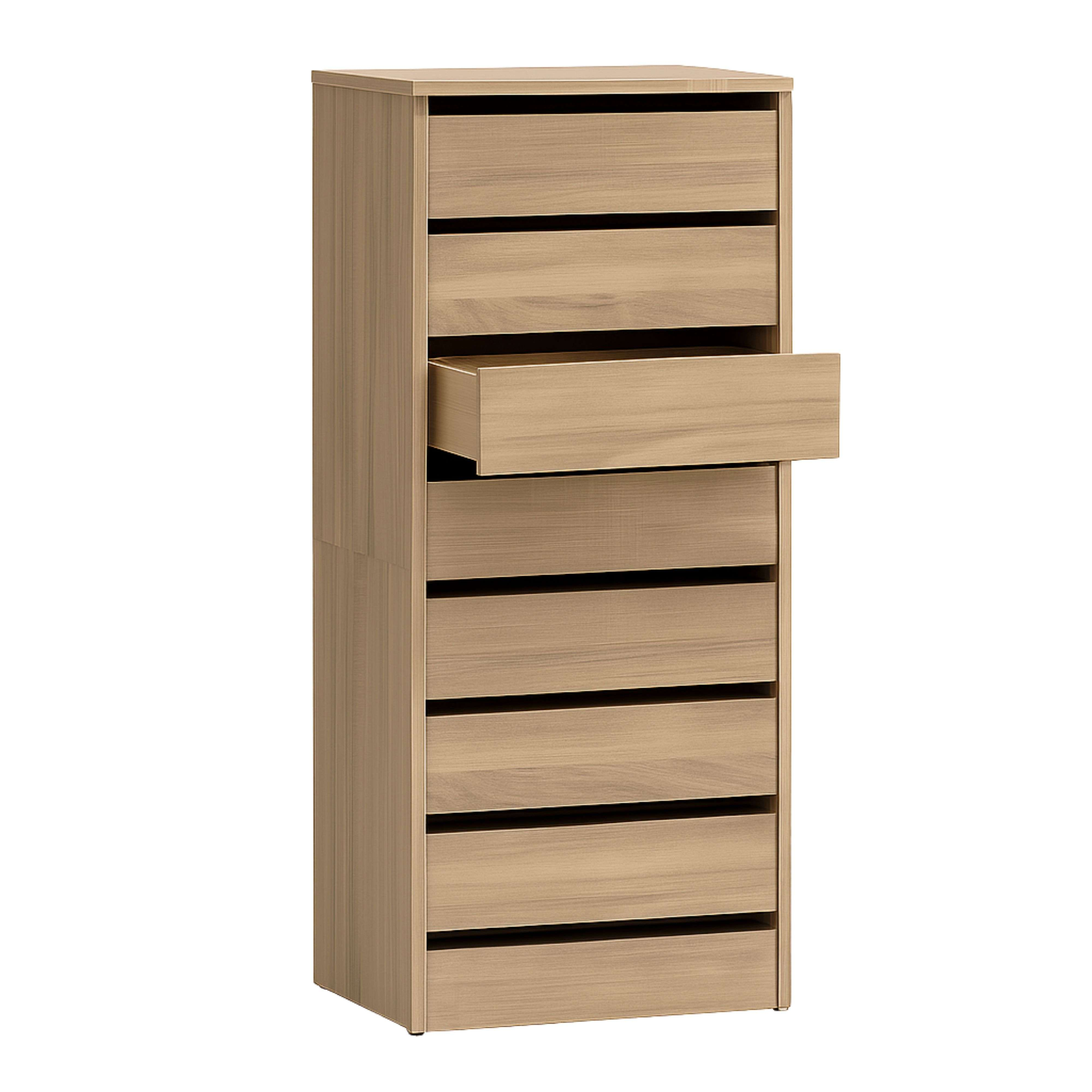 Un mueble de madera alto y estrecho con siete cajones, uno ligeramente abierto.