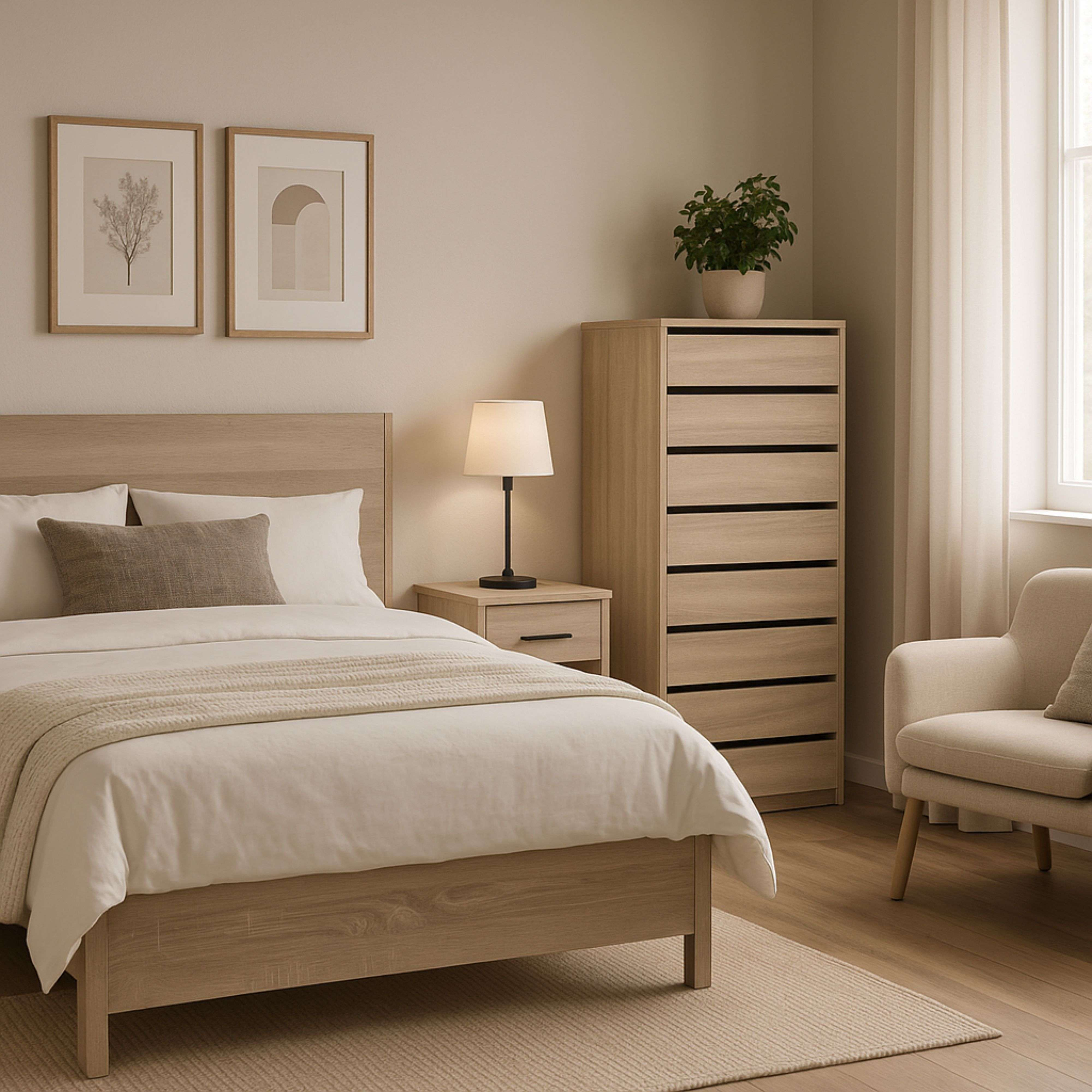 Un dormitorio luminoso con cama de madera, mesita de noche, lámpara, cómoda y sillón.