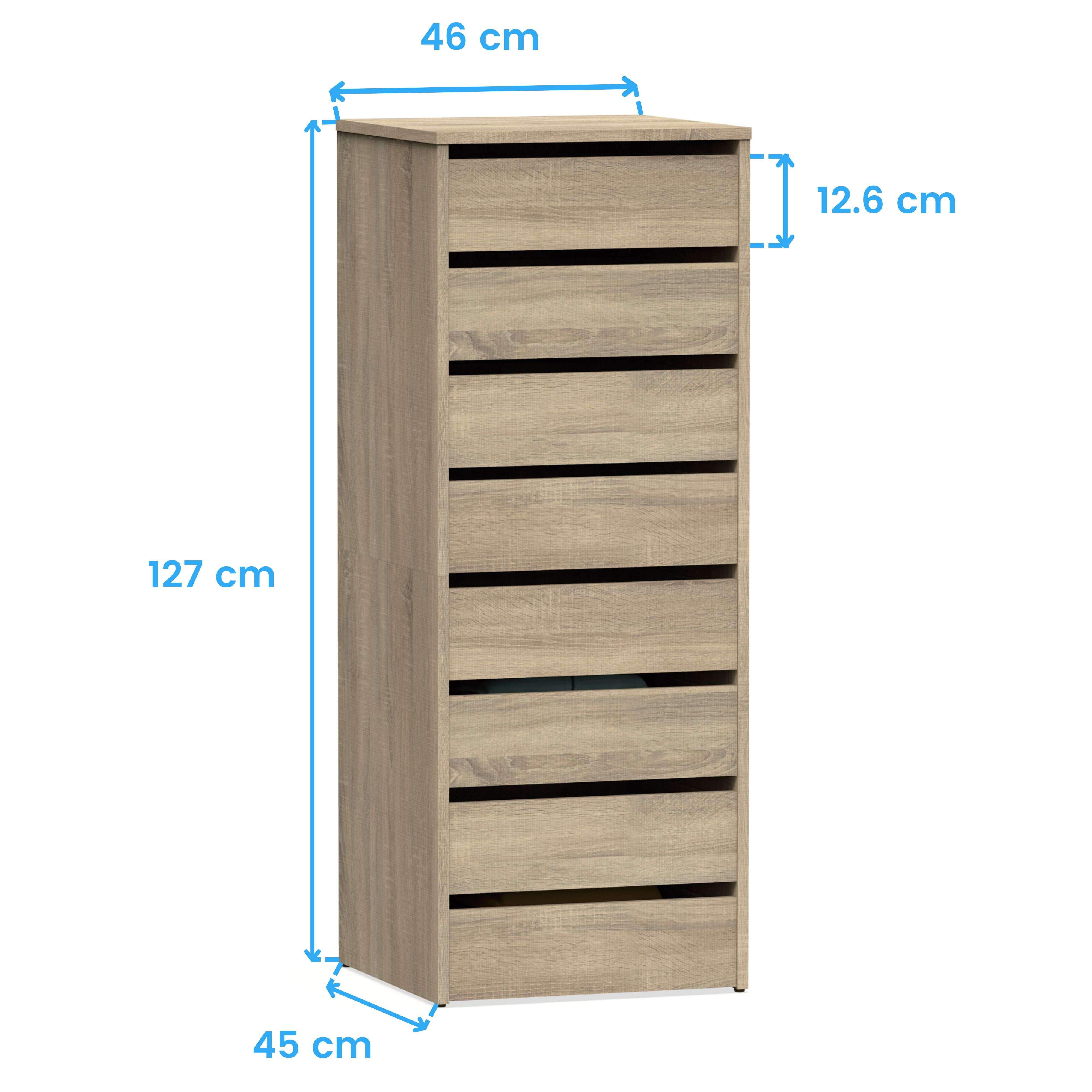 Un armario alto y estrecho de madera con ocho cajones. Dimensiones: 127x46x45 cm.