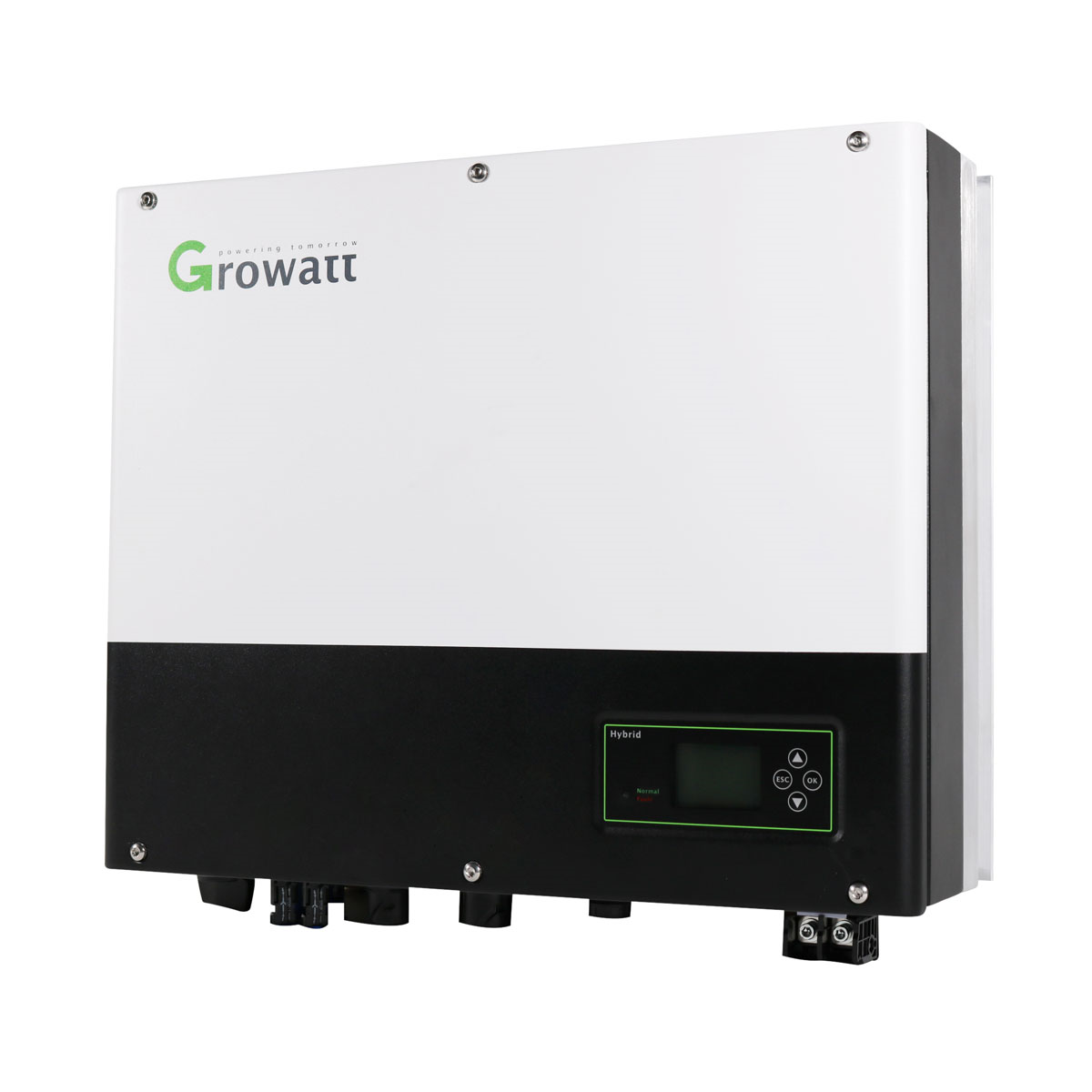 Weißer und schwarzer Growatt Hybrid-Wechselrichter mit Digitalanzeige und Tasten.