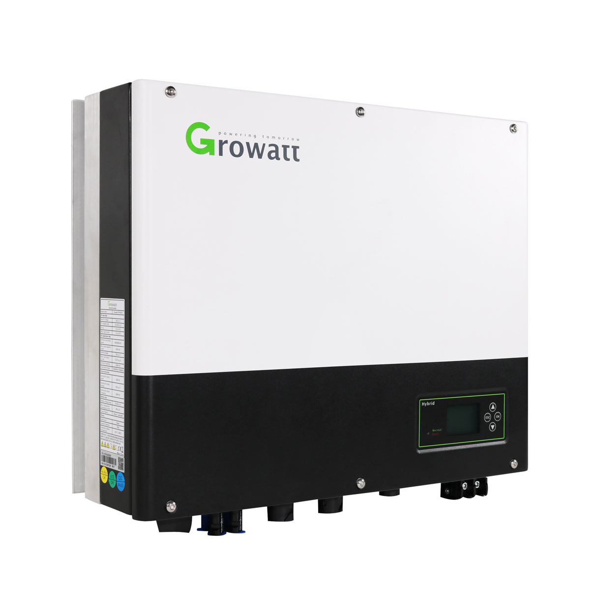 Ein weißer und schwarzer Growatt Hybrid-Wechselrichter mit kleinem Bildschirm und Knöpfen.