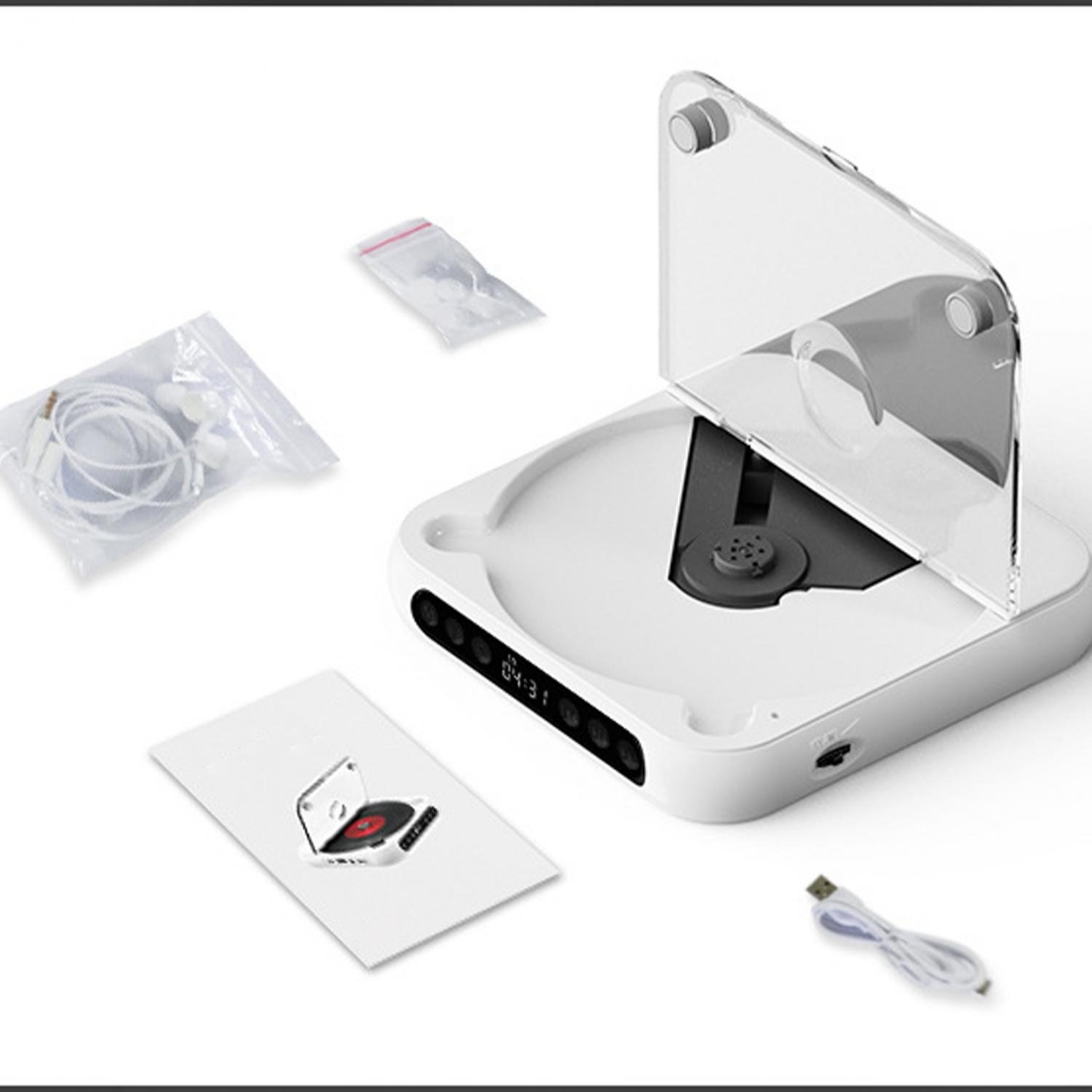Ein tragbarer CD-Player mit Kopfhörern, USB-Kabel und einer Anleitung.