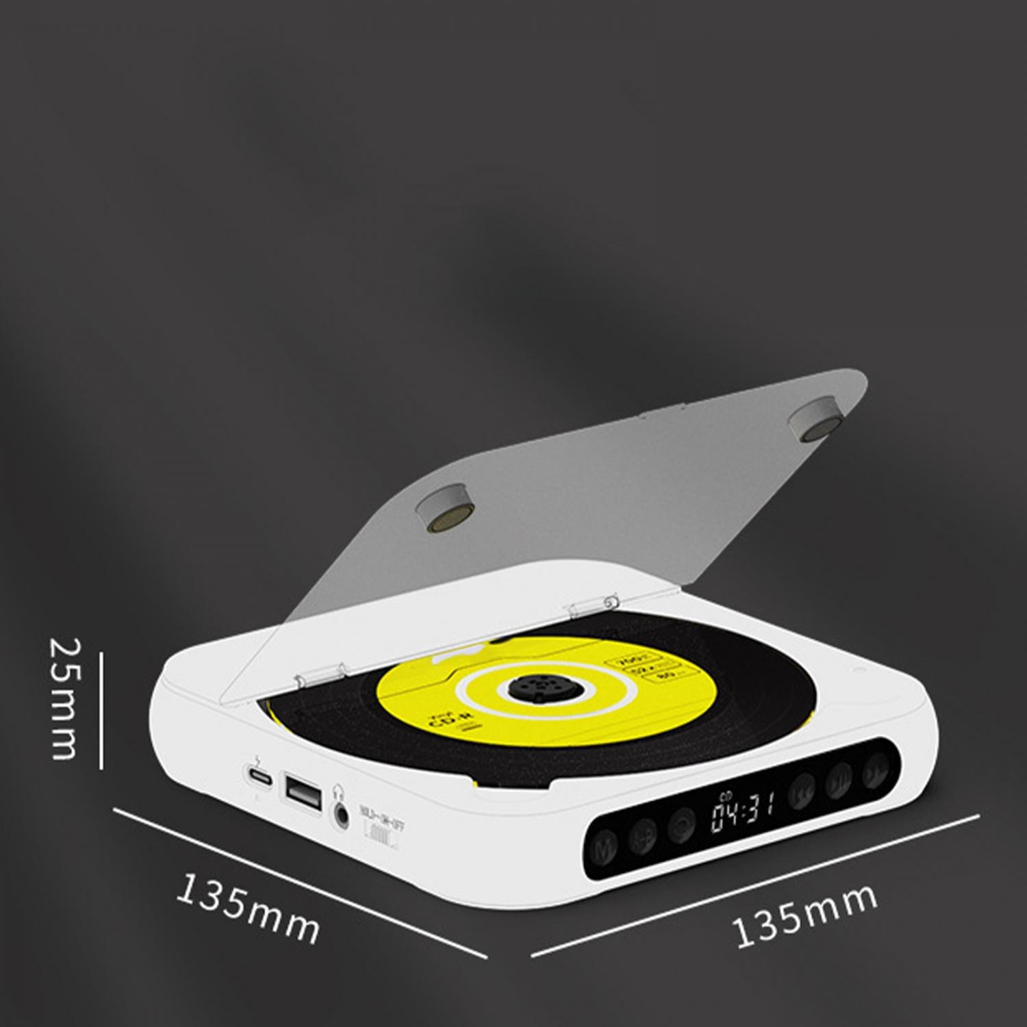 Ein weißer, kompakter CD-Player mit geöffnetem Deckel und einer gelben Vinylplatte.