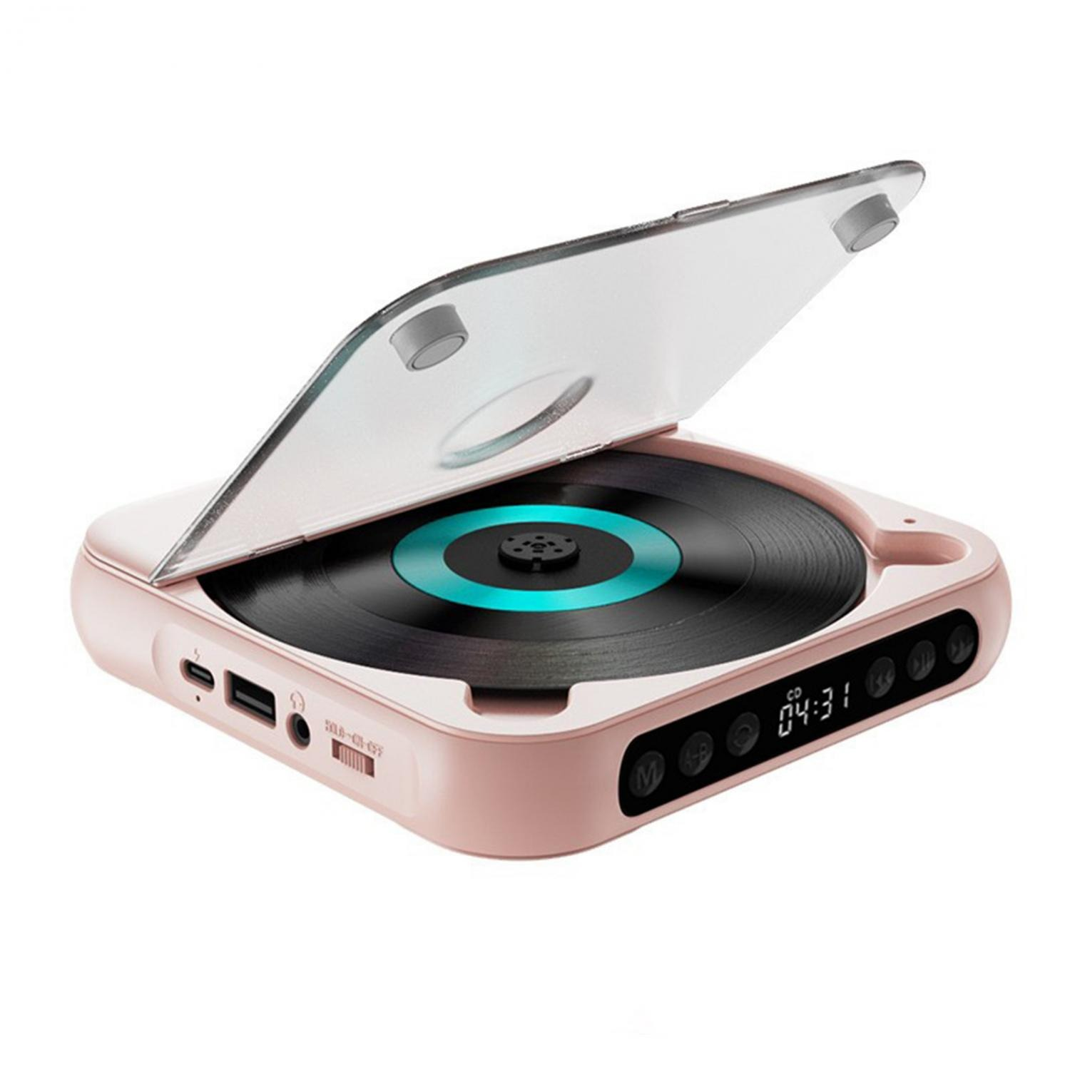 Ein rosafarbener tragbarer CD-Player mit geöffnetem Klarsichtdeckel, der eine schwarze CD mit blauem Ring zeigt.