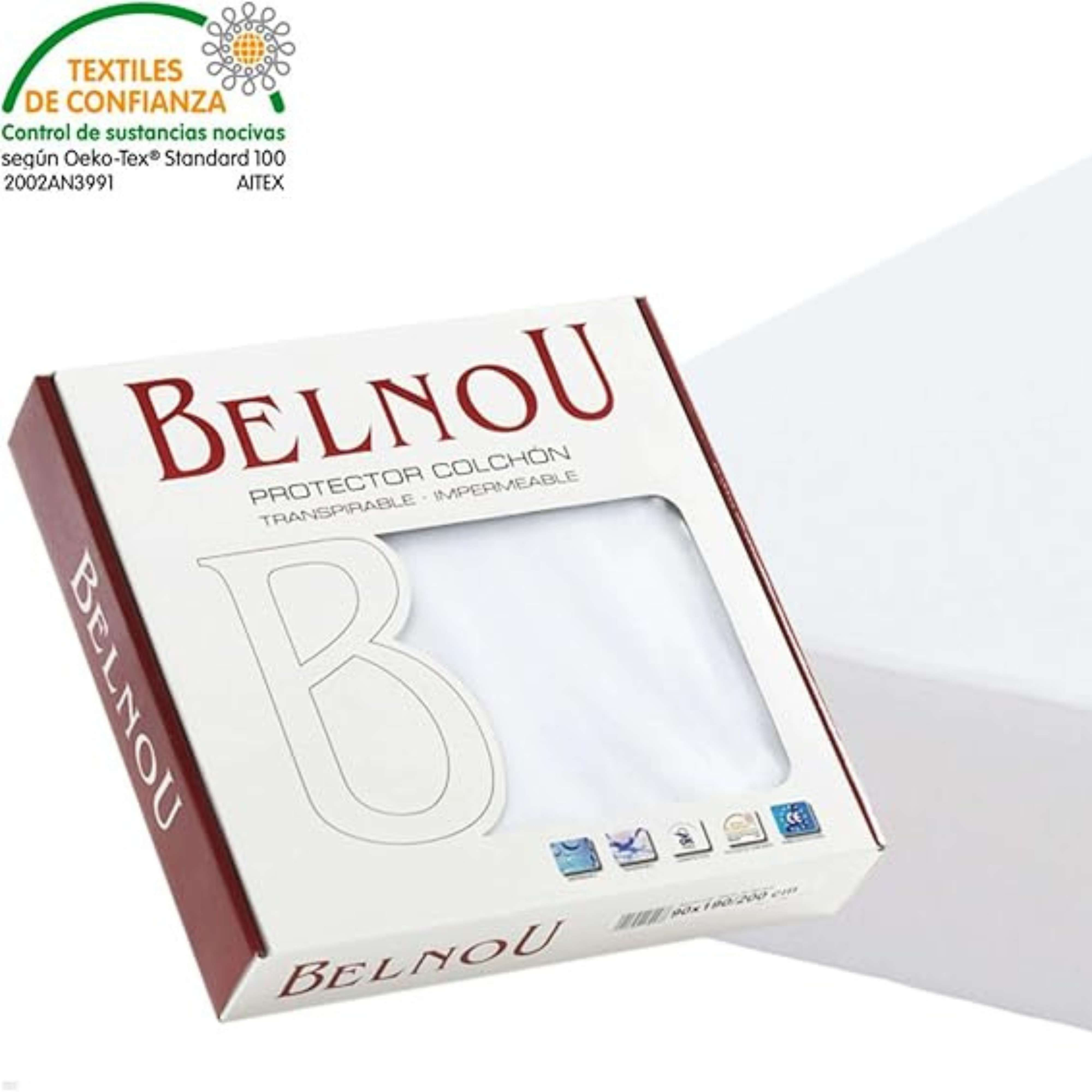 Embalaje de un protector de colchón blanco con logo Belnou y sello Oeko-Tex.