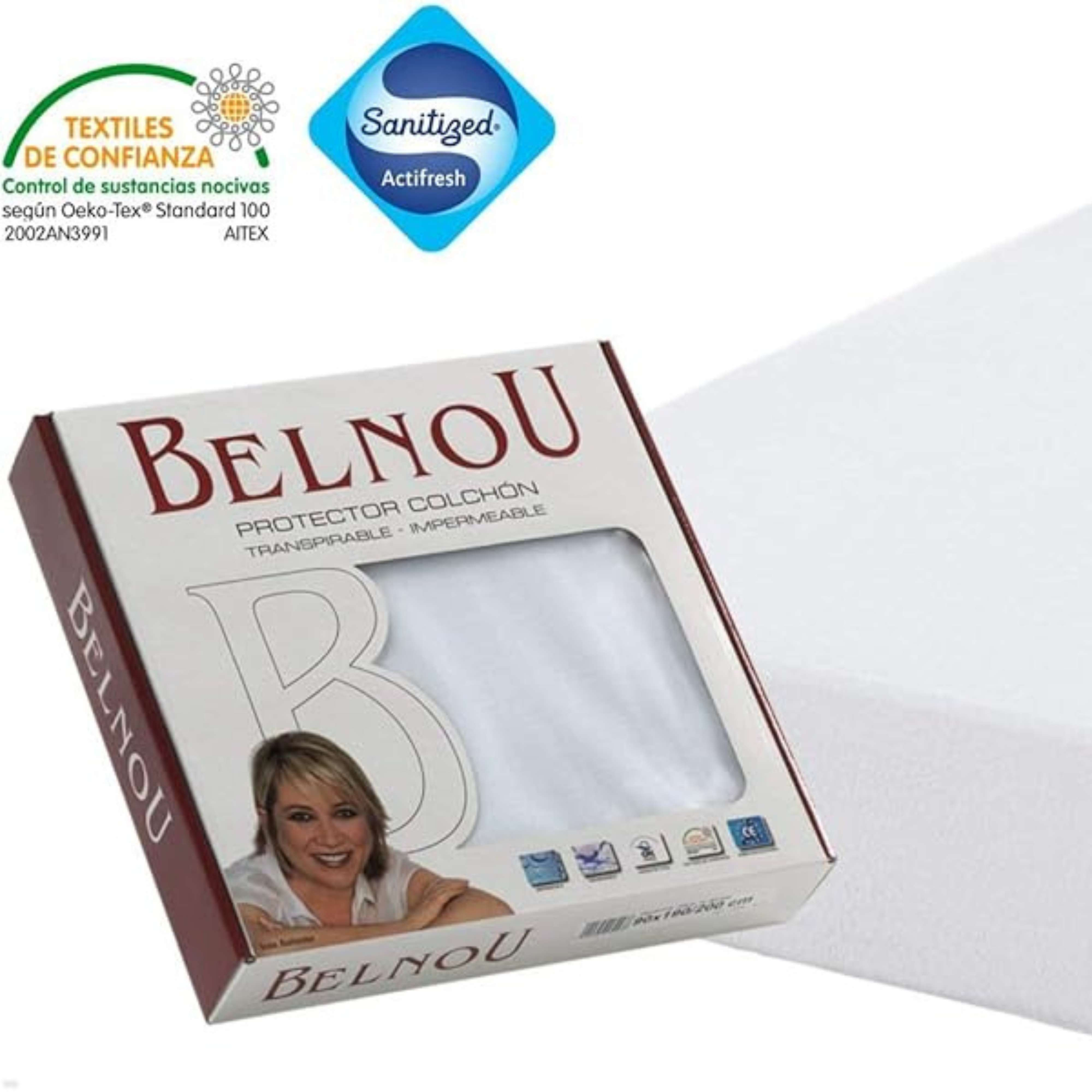 Caja de protector de colchón Belnou con mujer, logos Oeko-Tex y Sanitized.