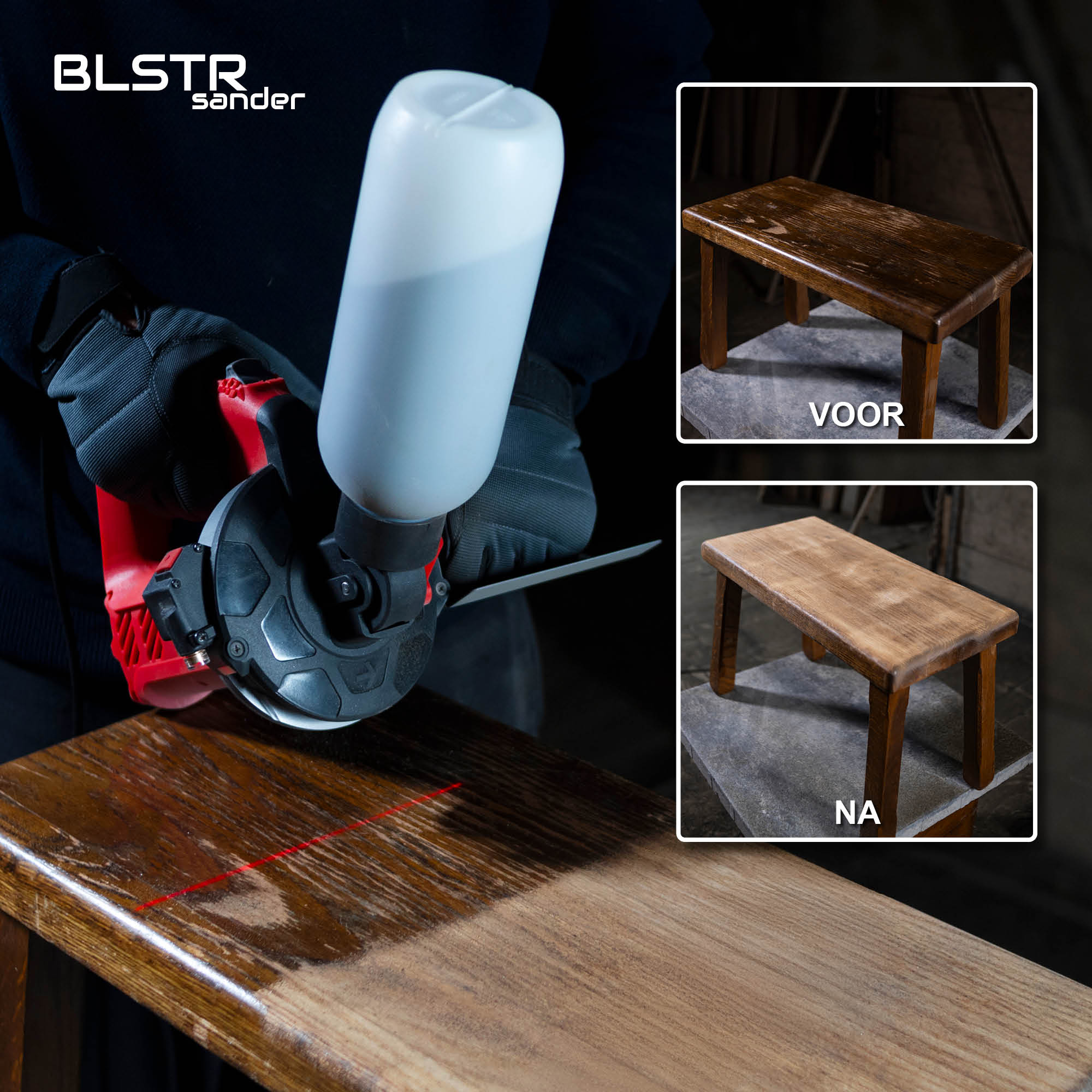 Sander with dust collector on wood. Before and after images of a wooden bench.
