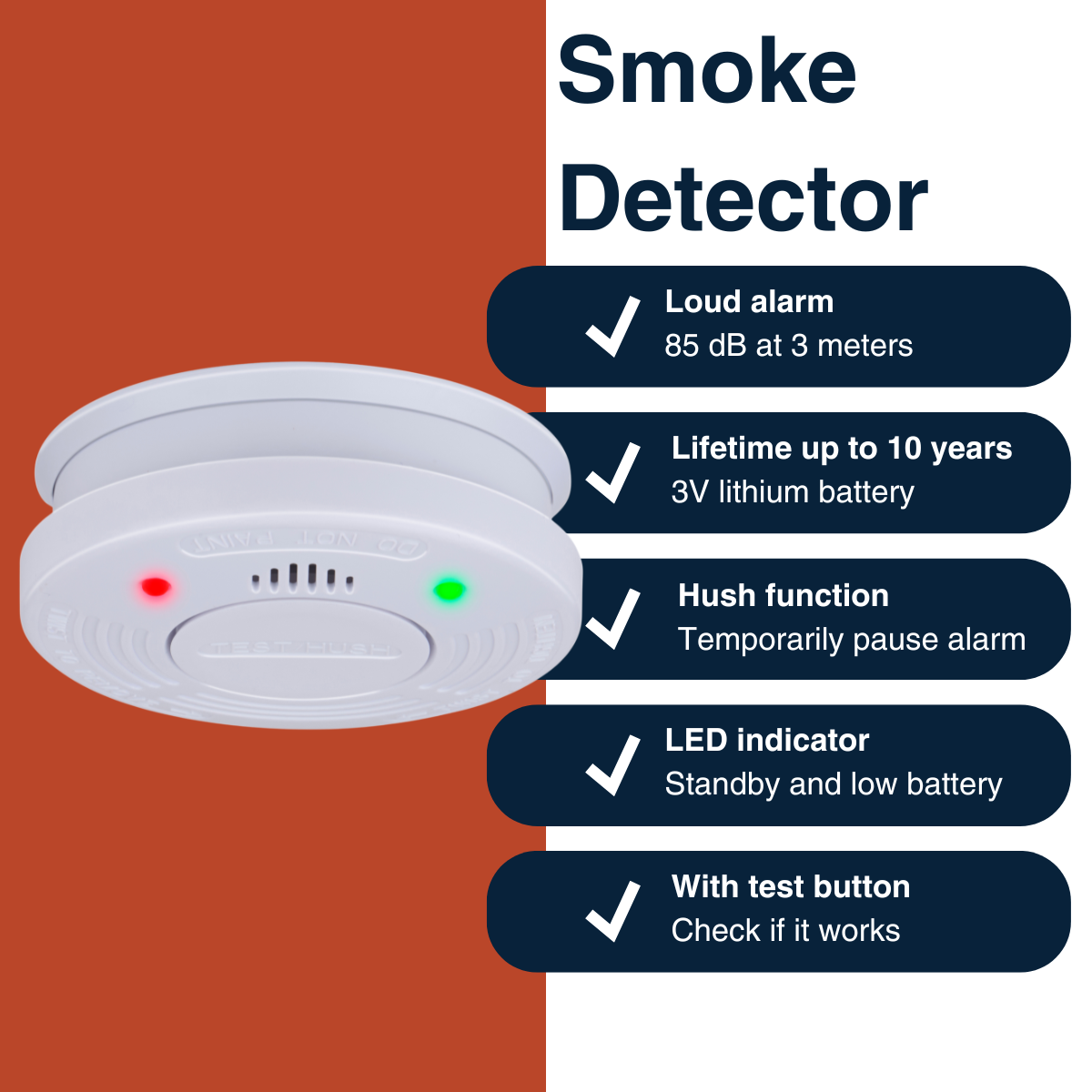 White smoke detector with red/green LEDs, test button & features listed.