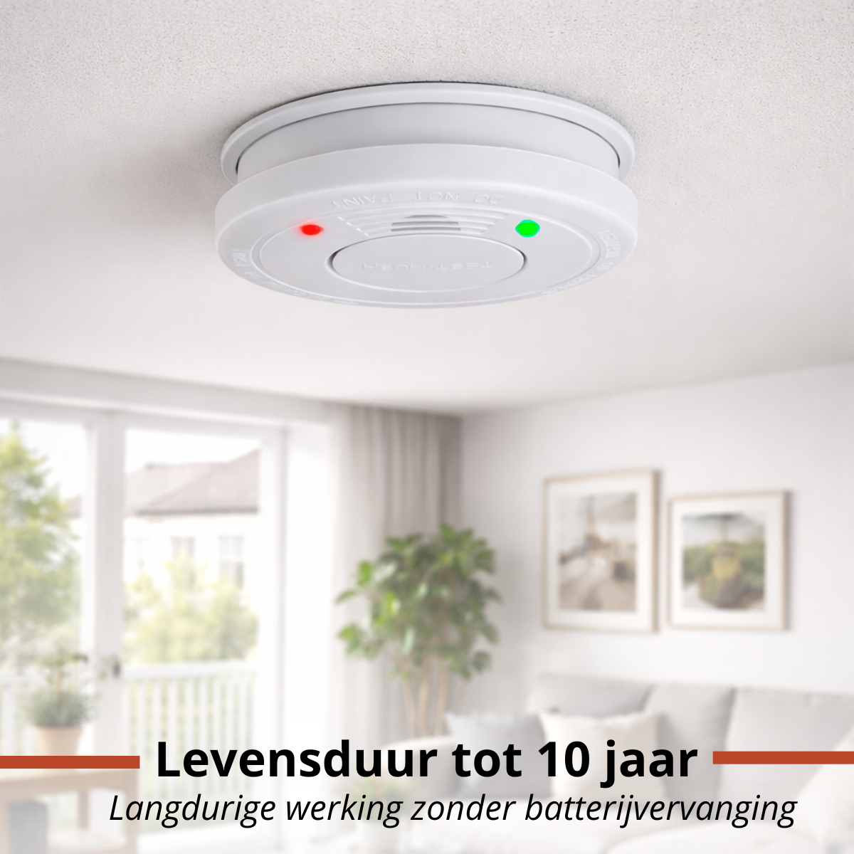 A white smoke detector with red and green lights on a ceiling.