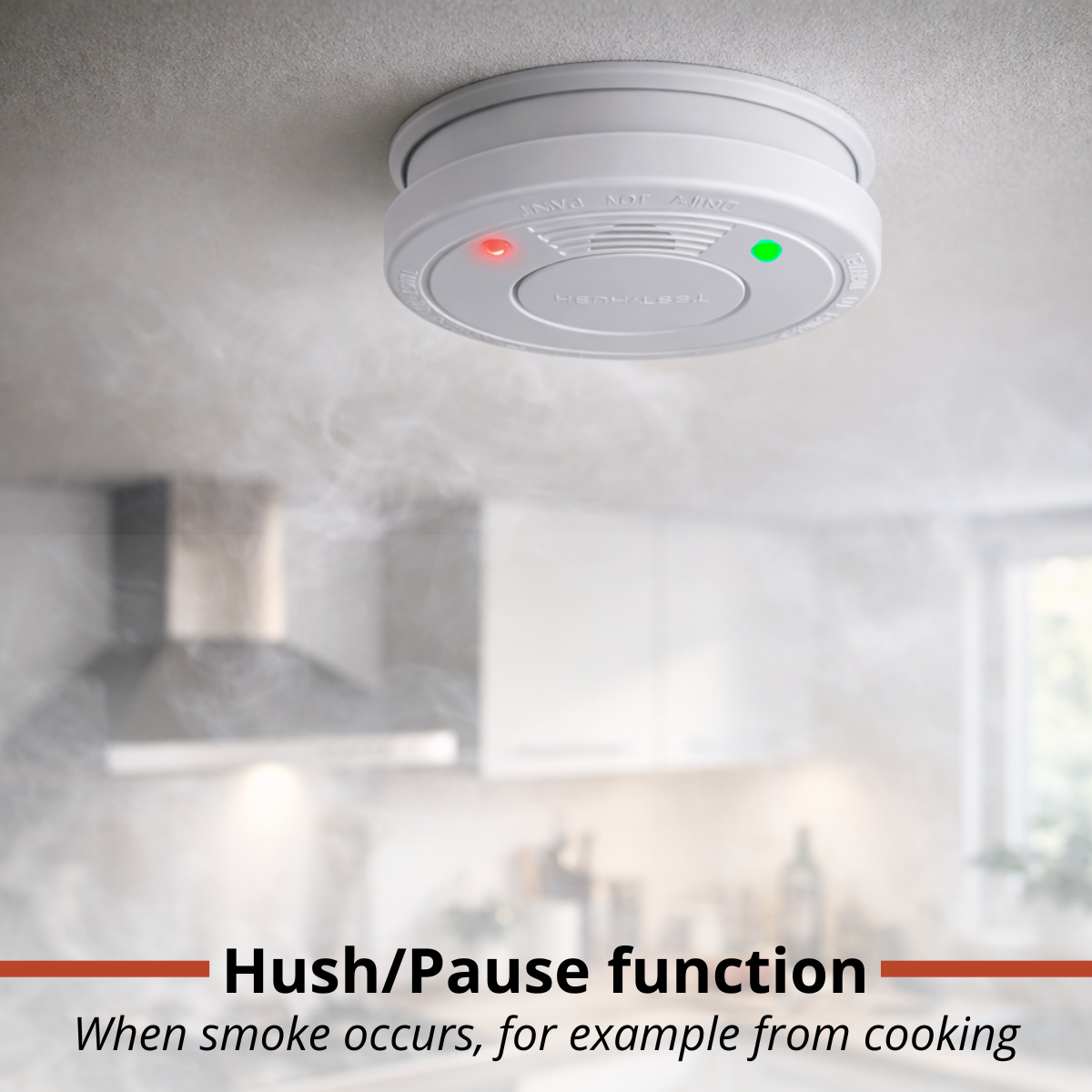 Smoke detector on ceiling with red and green lights, smoke rising.
