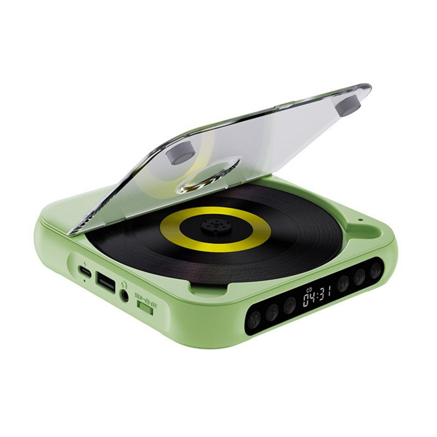 Ein hellgrüner tragbarer CD-Player mit durchsichtiger Abdeckung und schwarzer CD mit gelben Ringen.