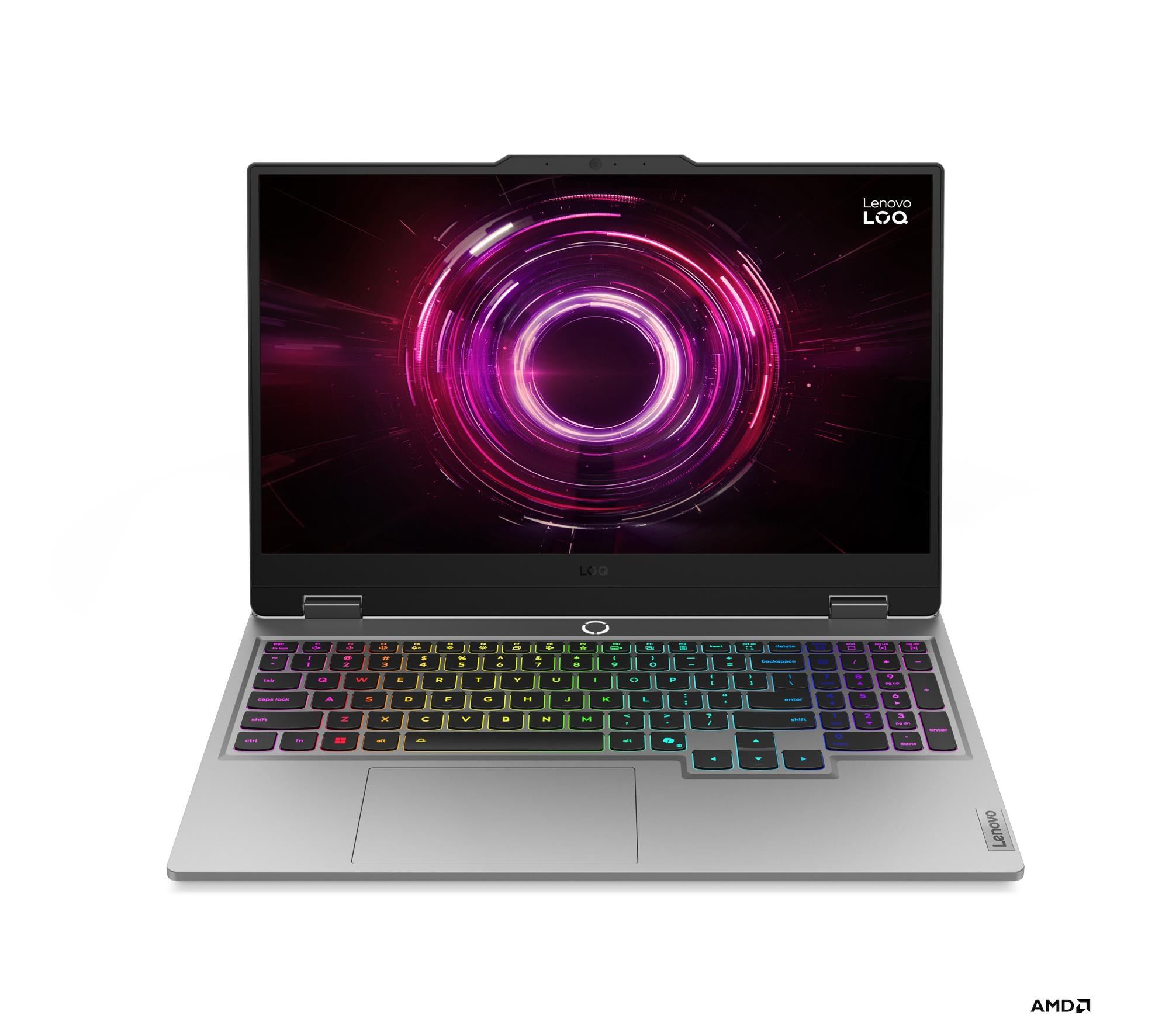 Arkadan aydınlatmalı klavyeli ve fütüristik duvar kağıtlı Lenovo LOQ dizüstü bilgisayar.