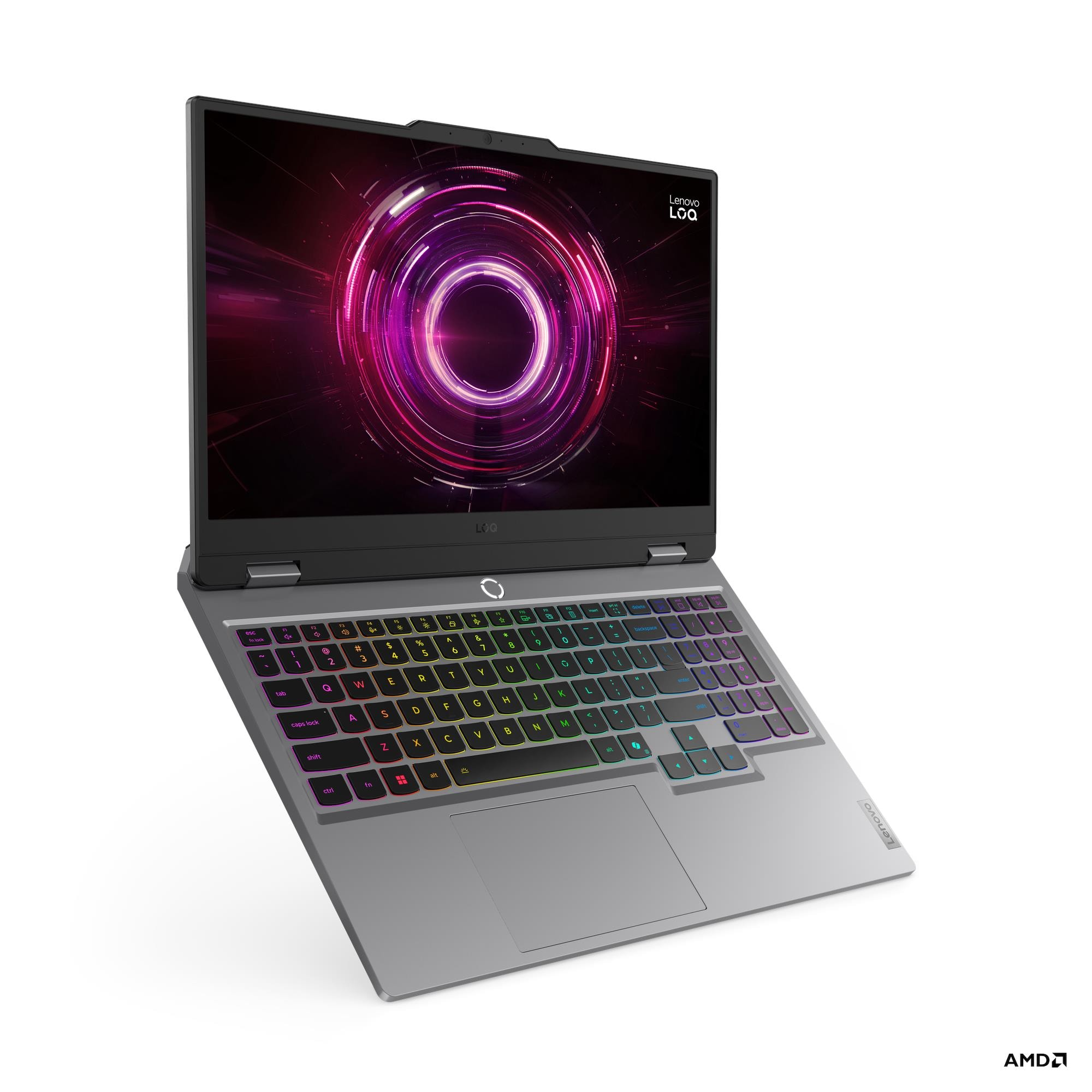 Arkadan aydınlatmalı klavyeli gri Lenovo LOQ oyuncu dizüstü bilgisayarı ve renkli ekran arka planı.