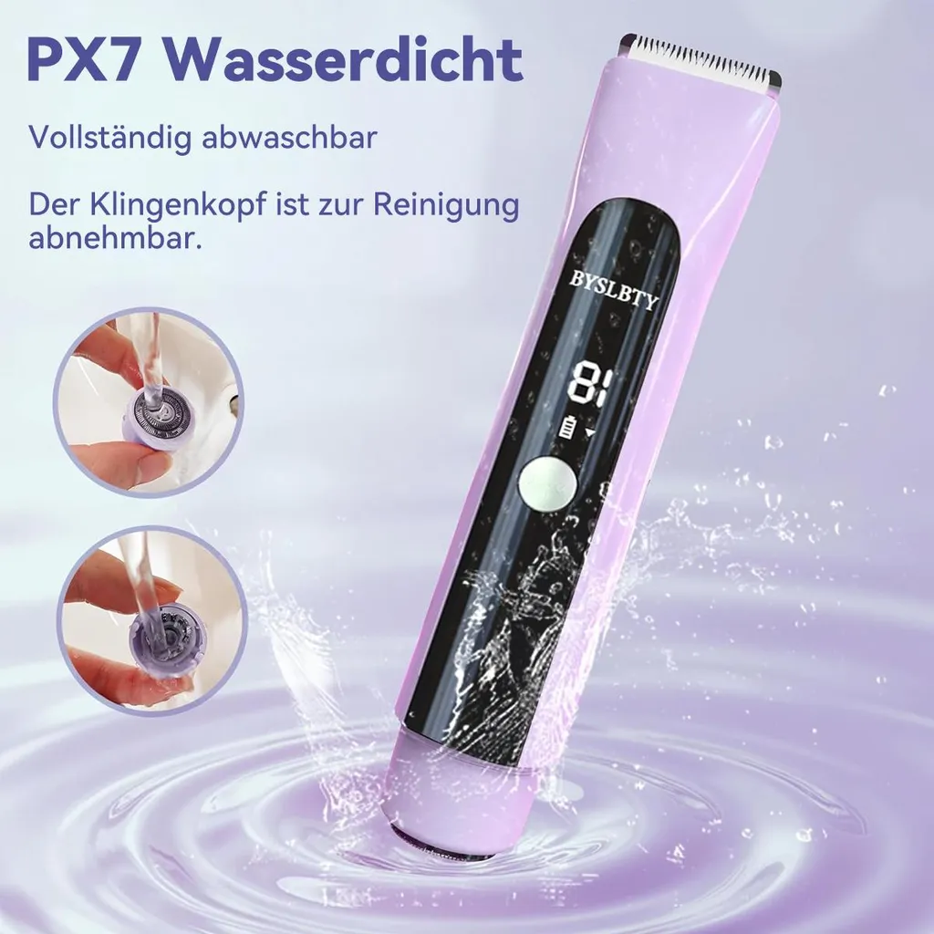 Ein lila Haarschneider wird in Wasser getaucht. Links sind Nahaufnahmen von der Reinigung.