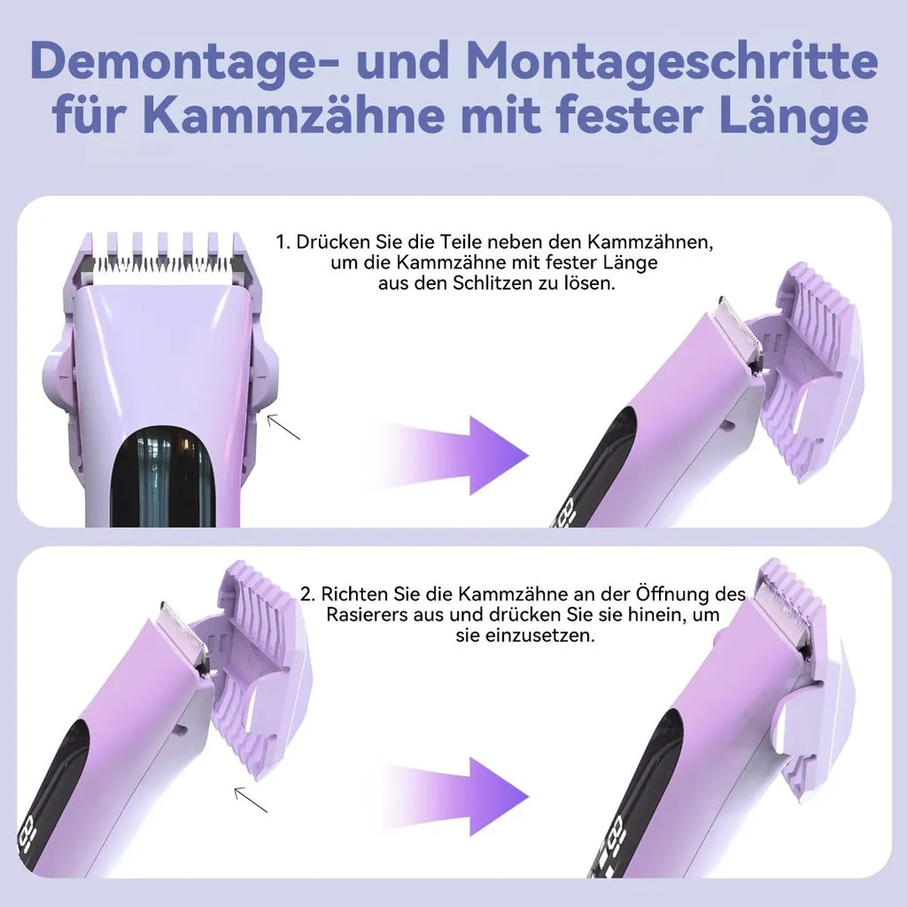 Schritte zum Demontieren und Montieren von Kammaufsätzen für einen Rasierer.