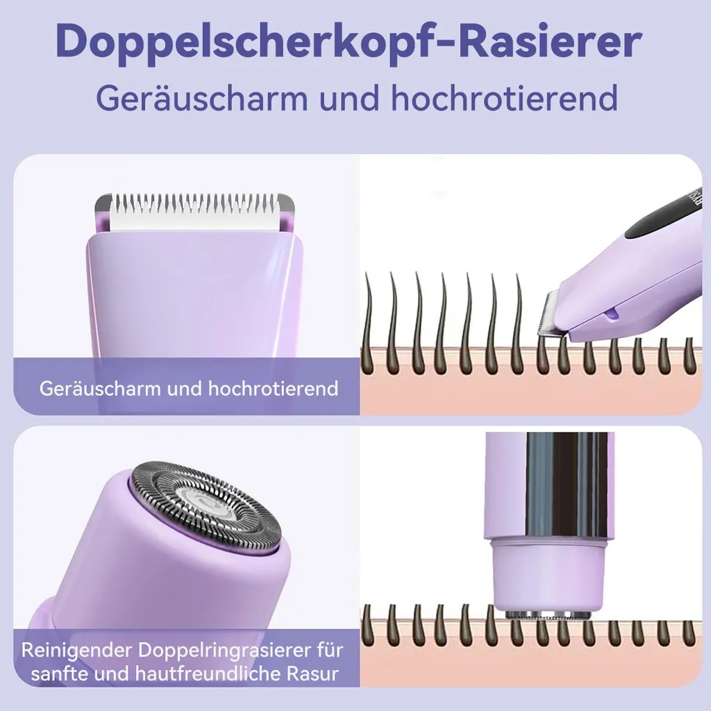 Ein violetter Rasierer mit verschiedenen Aufsätzen zeigt detailliert seine Funktion.