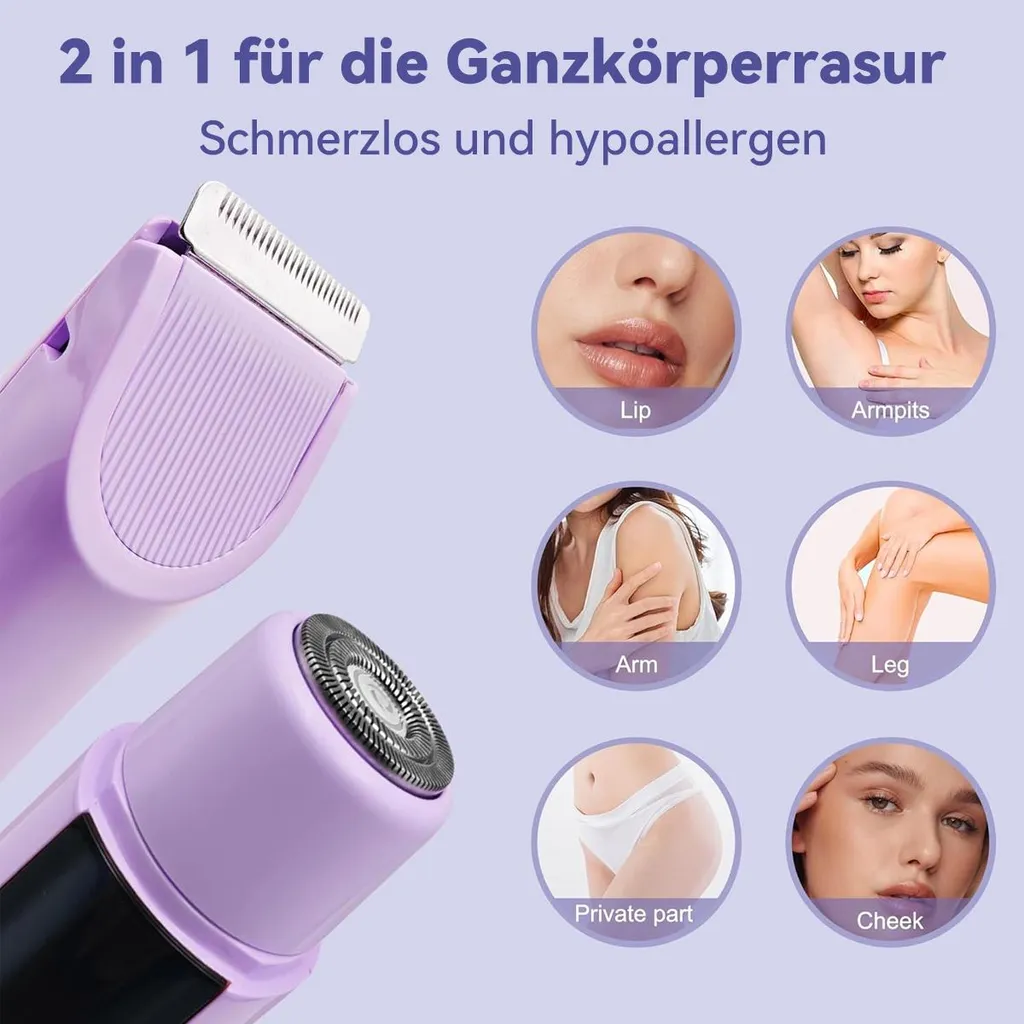Lila Epilierer zeigt Körperteile: Lippen, Achseln, Arm, Bein, Intimbereich, Wange.