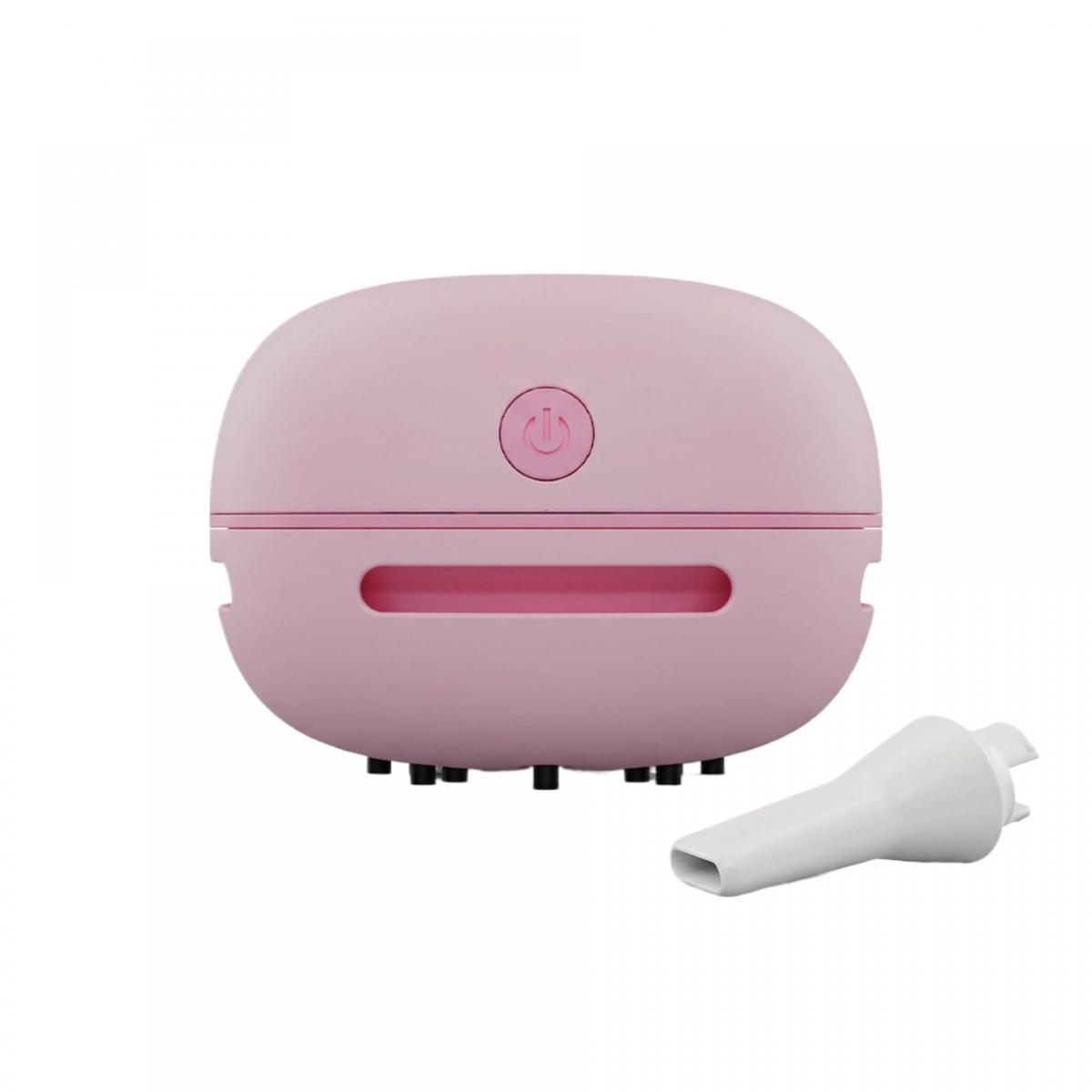 Ein rosafarbener Mini-Staubsauger mit Ein-/Aus-Symbol und weißem Aufsatz.