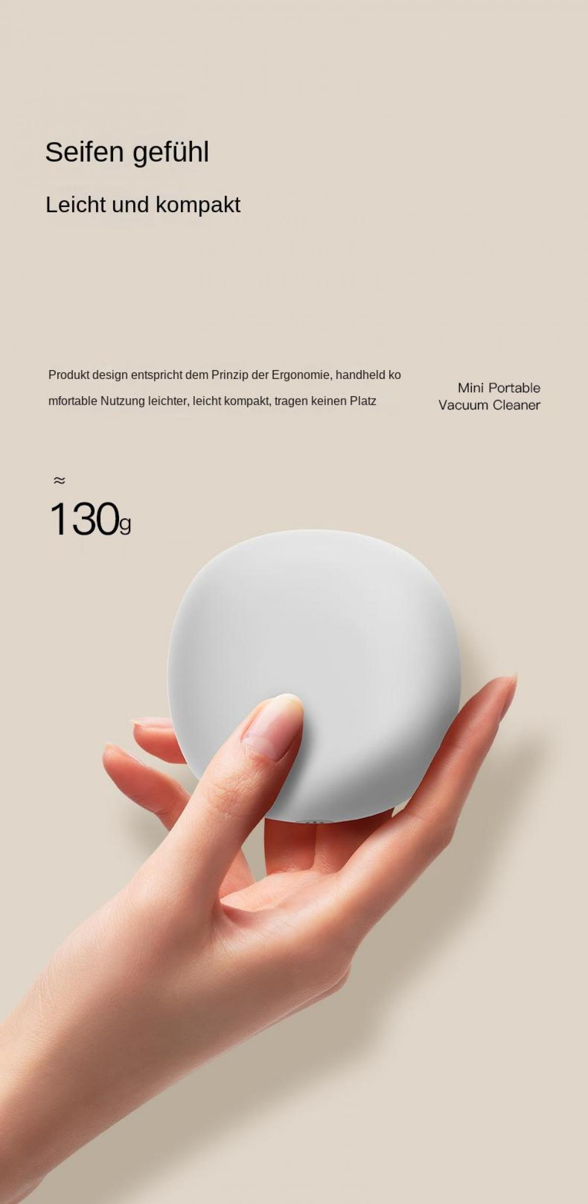 Eine Hand hält ein weißes, rundes Gerät, das 130g wiegt.