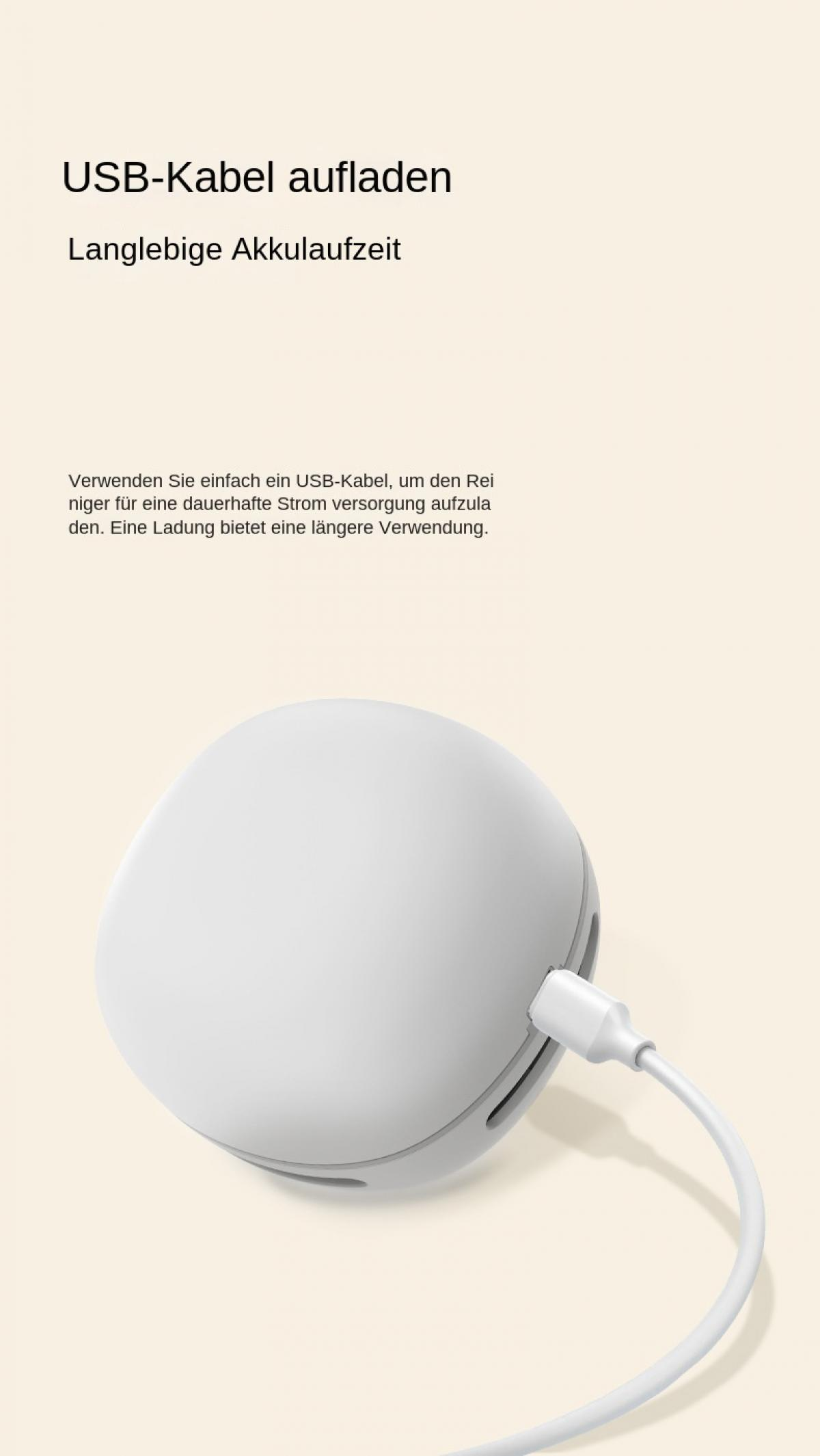 Ein weißes Gerät wird mit einem weißen USB-Kabel aufgeladen.