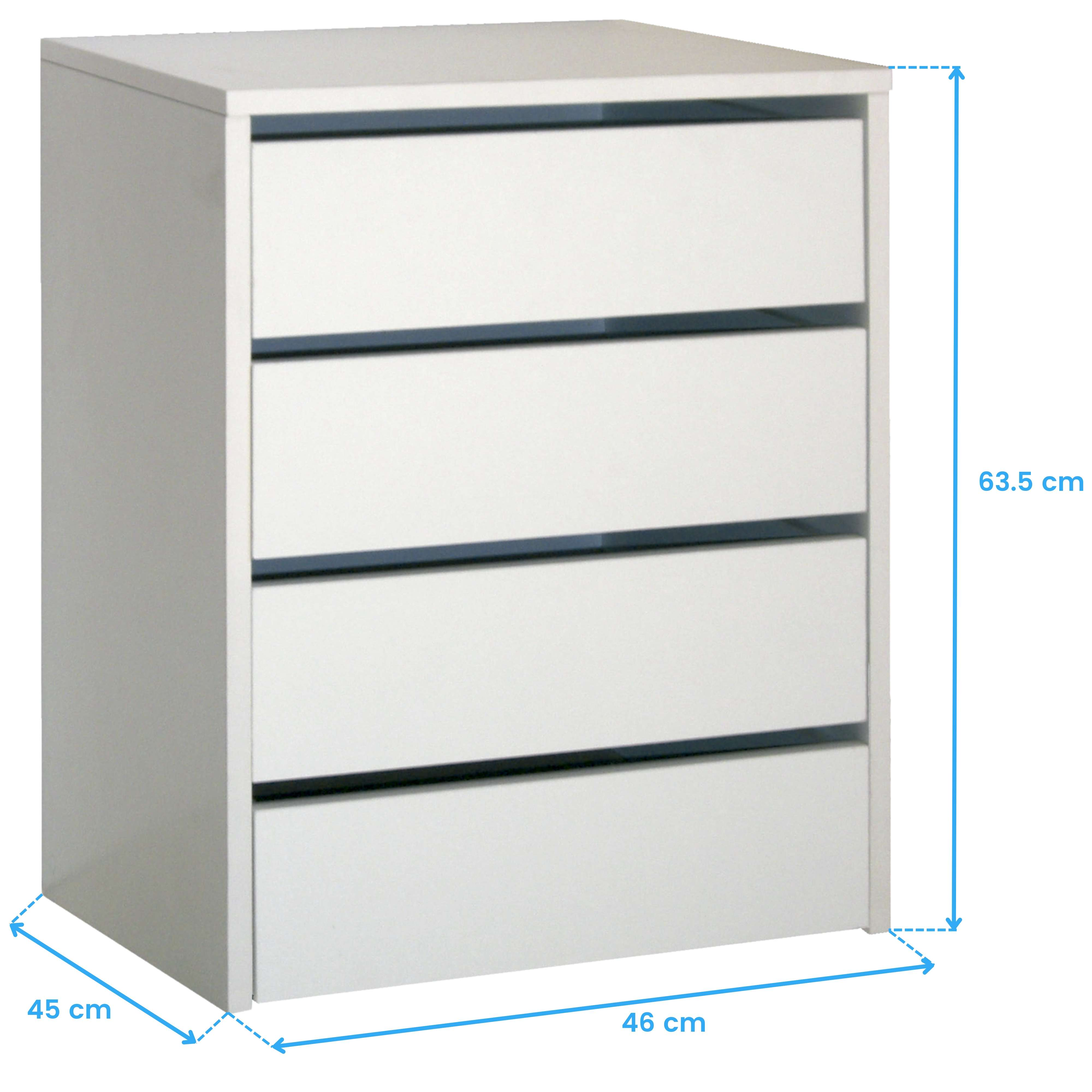 Armario blanco con cuatro cajones, dimensiones 45x46x63,5 cm.