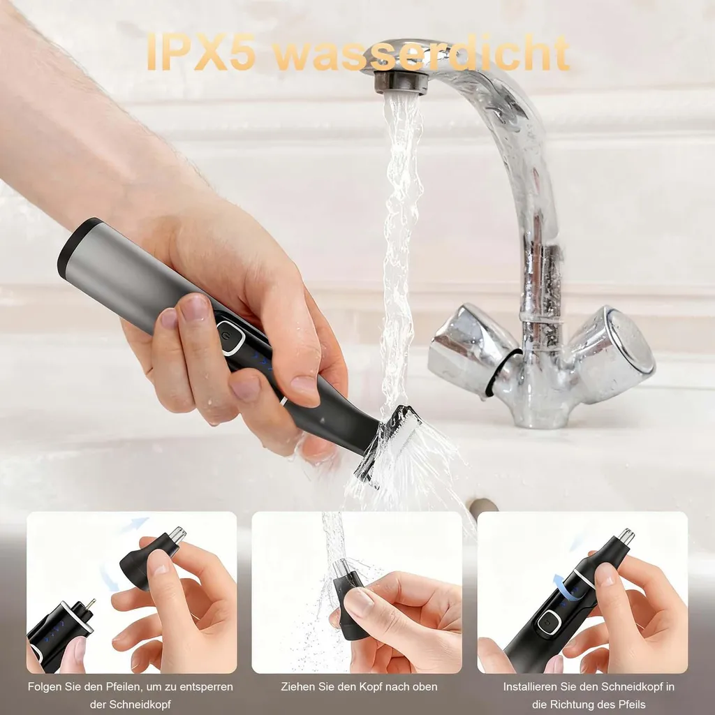 Eine Hand reinigt einen Nasenhaartrimmer unter fließendem Wasser.