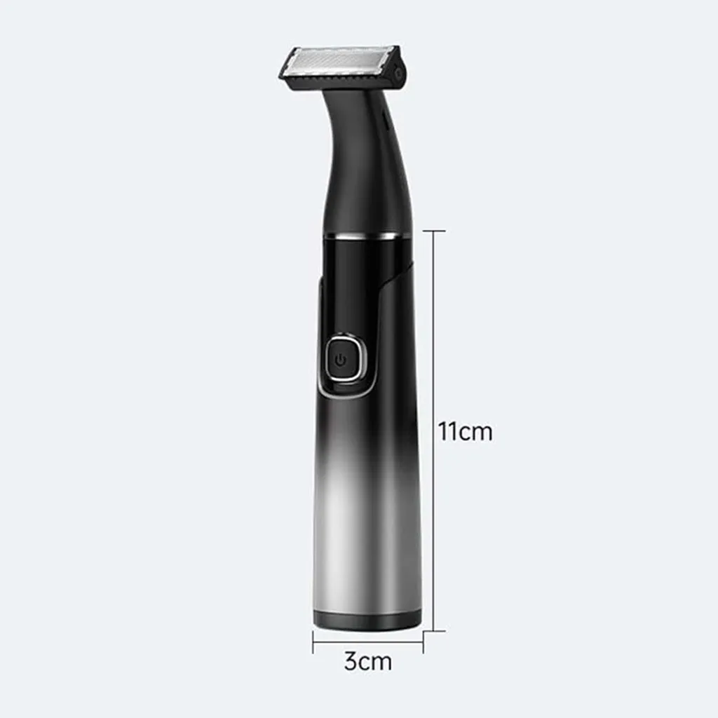 Ein schwarzer kabelloser Trimmer mit silbernem Farbverlauf, 11 cm lang.