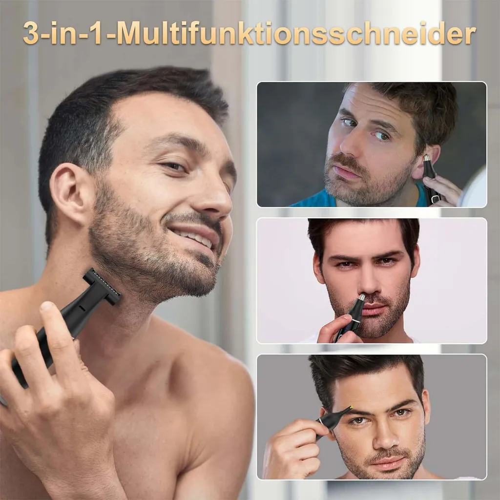 Mann trimmt Nackenhaare, mit Detailaufnahmen von Nasen-, Ohren- und Augenbrauentrimmen.
