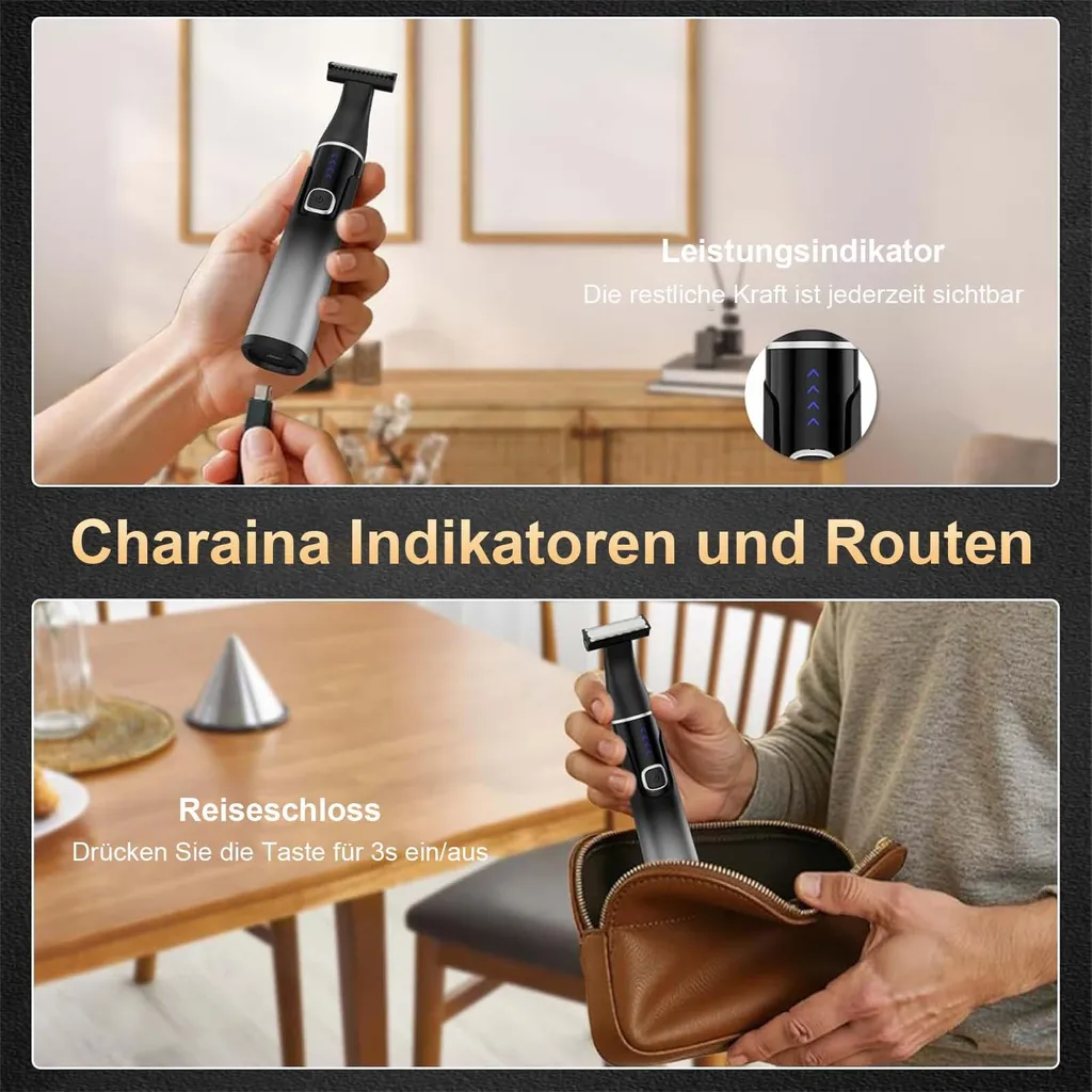 Hände laden einen schwarz-silbernen Trimmer und legen ihn in eine braune Tasche.