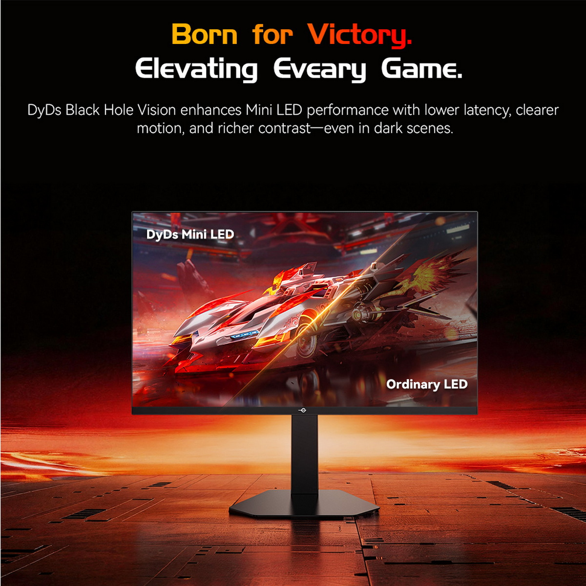 Ein Monitor zeigt ein Rennauto mit DyDs Mini LED-Technologie. Orange und Schwarz.