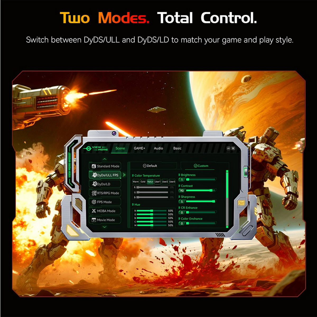 Zwei Roboter stehen sich gegenüber. Ein Monitor zeigt Spieleinstellungen.