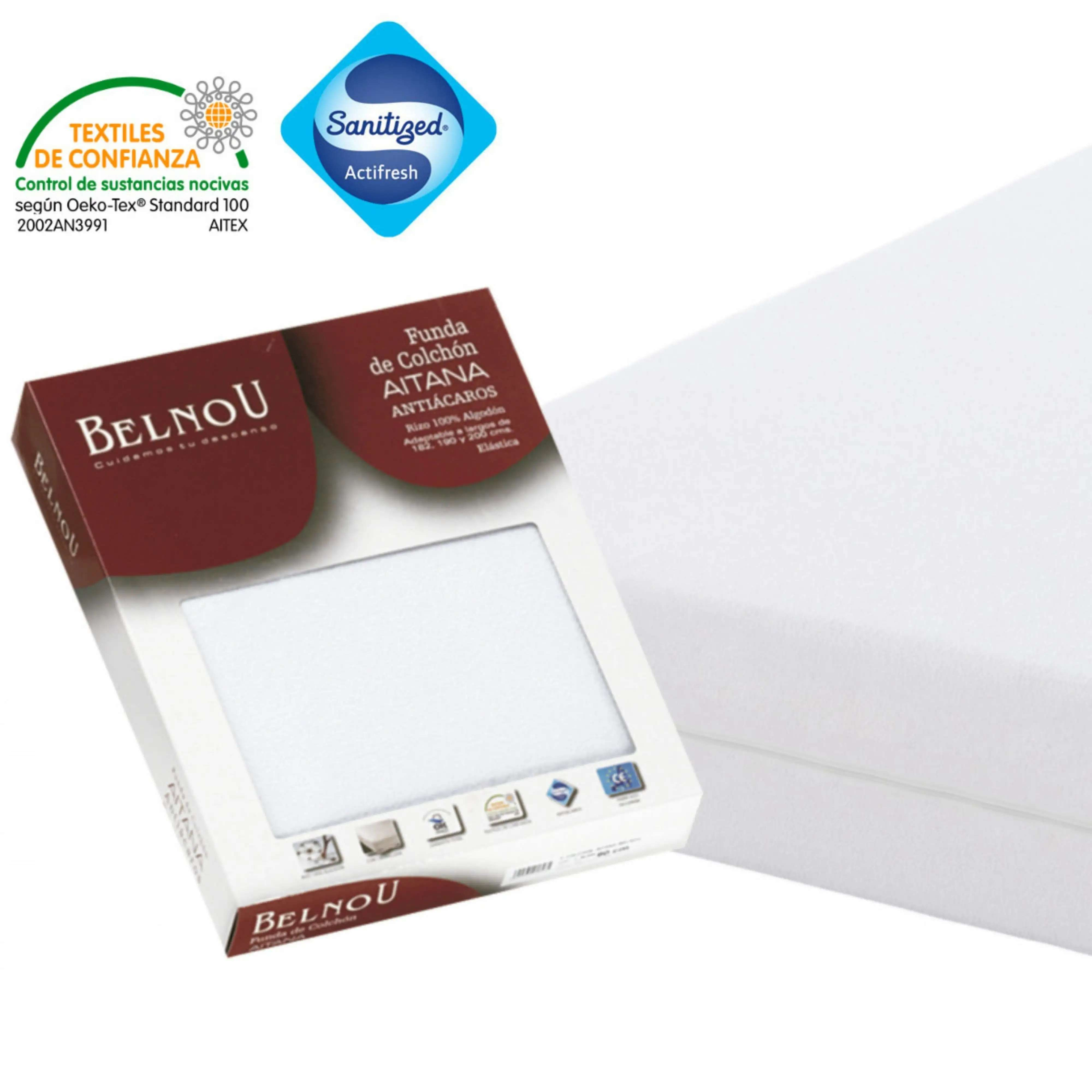 Embalaje de protector de colchón blanco con sellos textiles y Sanitized Actifresh.