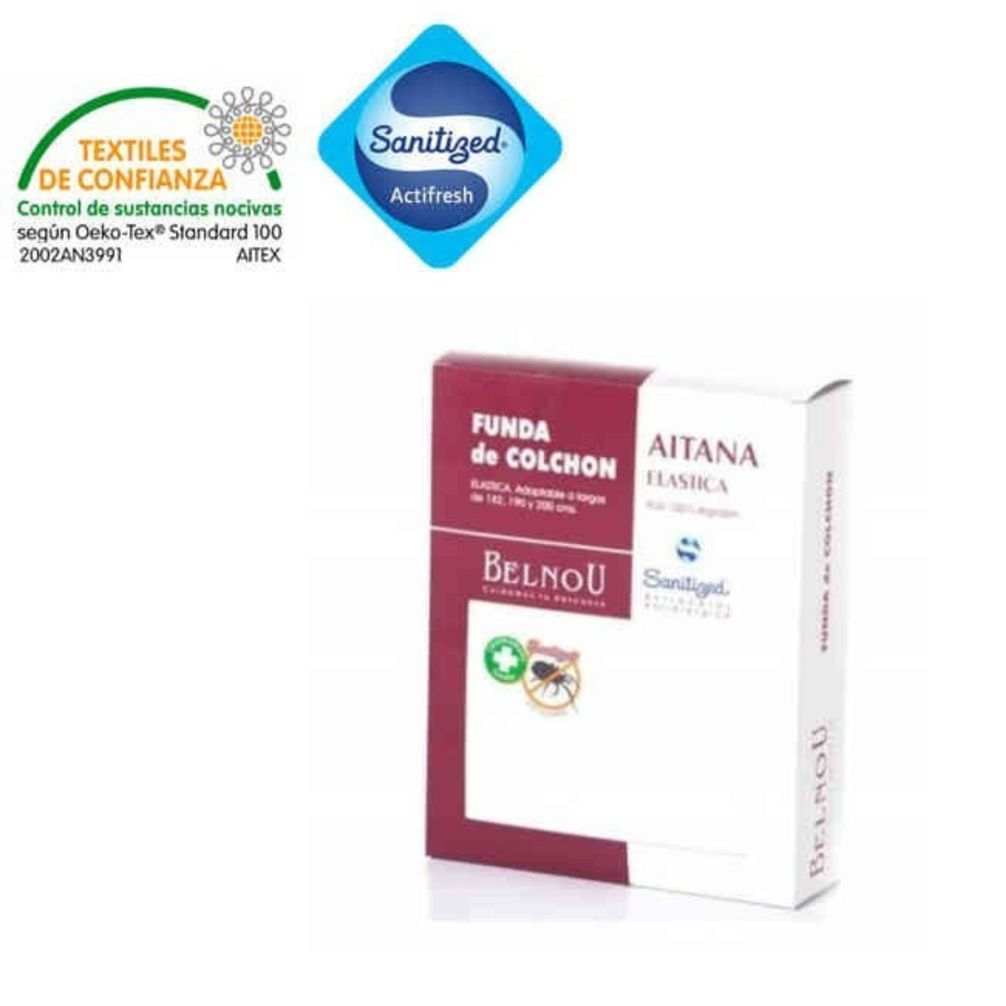 Una funda de colchón con sellos "Textiles de Confianza" y "Sanitized Actifresh".