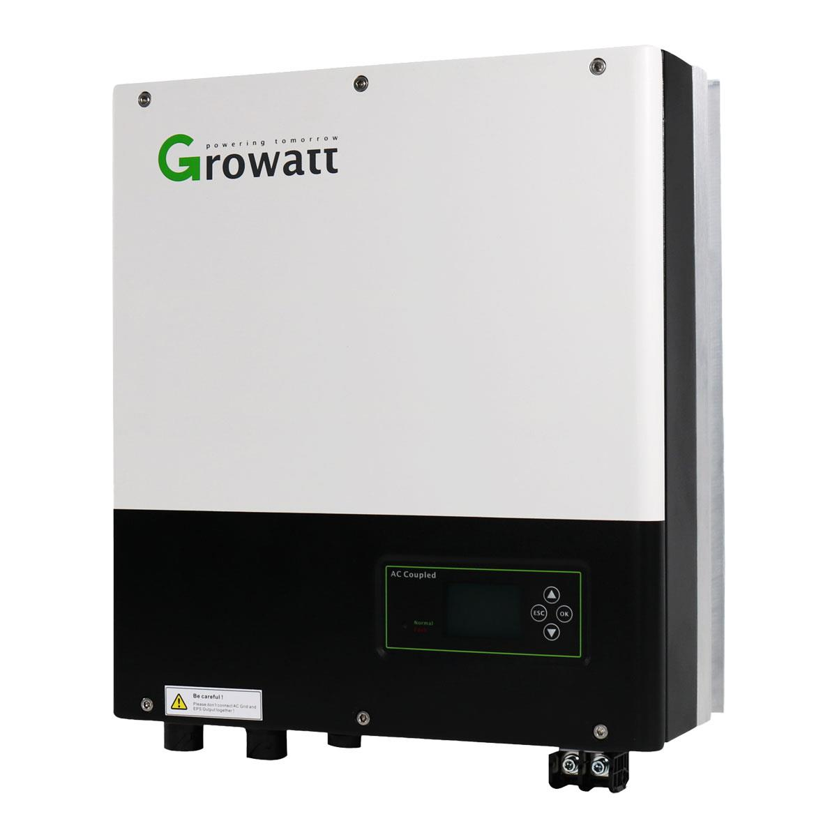 Ein weißer und schwarzer Growatt Solarwechselrichter mit Bildschirm und Tasten.