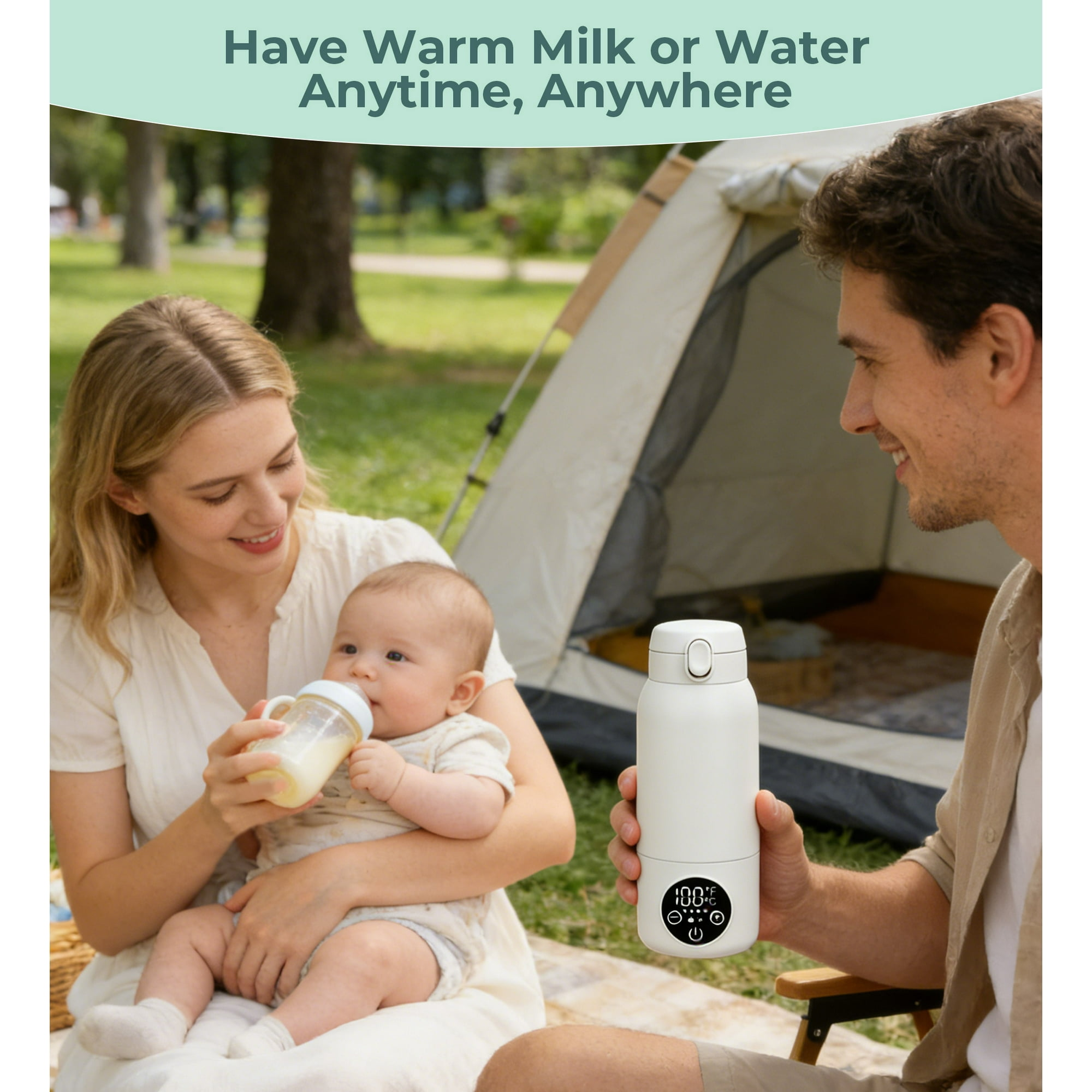 Mann und Frau im Freien mit Baby, ein Thermobecher mit Display.