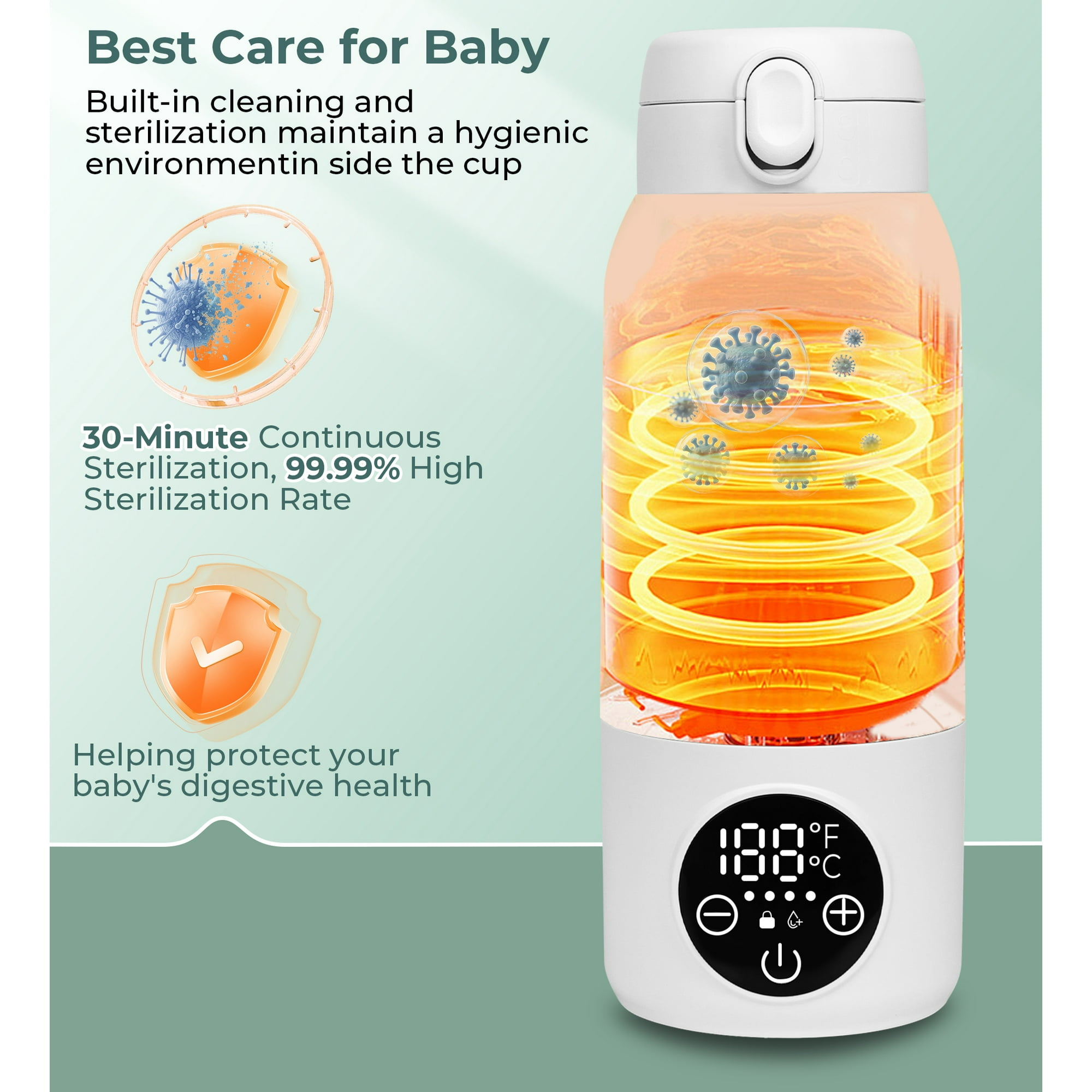 Sterilisator für Babys mit digitaler Anzeige, die Viren zeigt.
