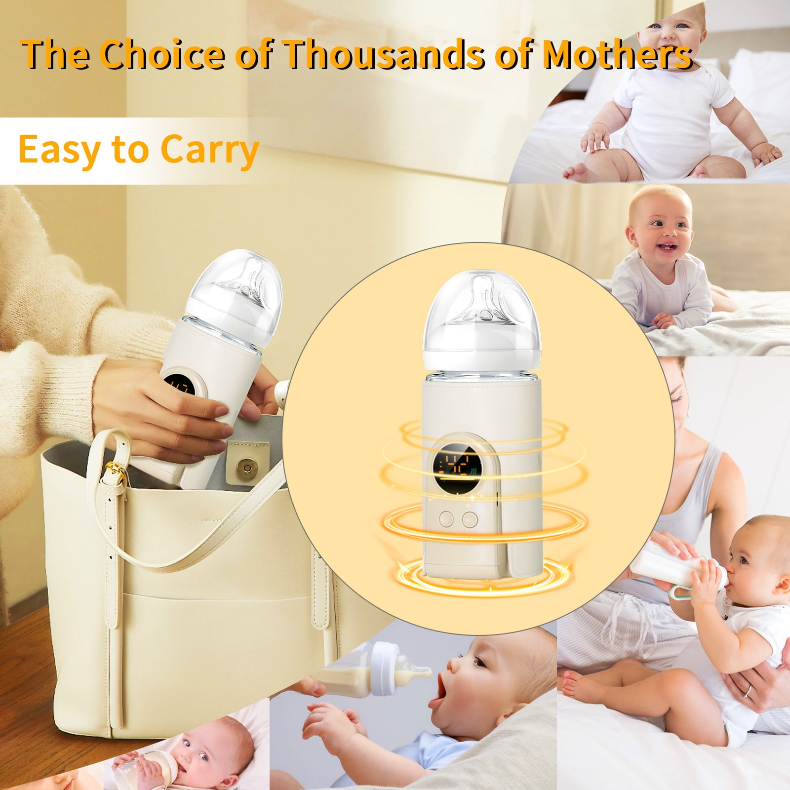 Ein tragbarer Flaschenwärmer wird in eine Tasche gesteckt, Babys trinken Milch.