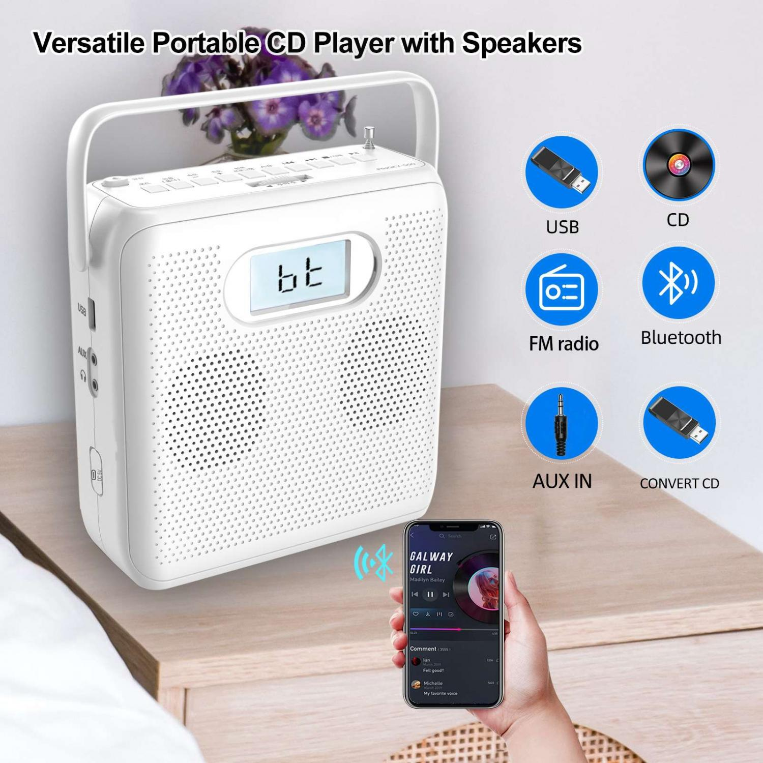 Weißer tragbarer CD-Player mit USB, CD, UKW-Radio, Bluetooth, Aux-Eingang.