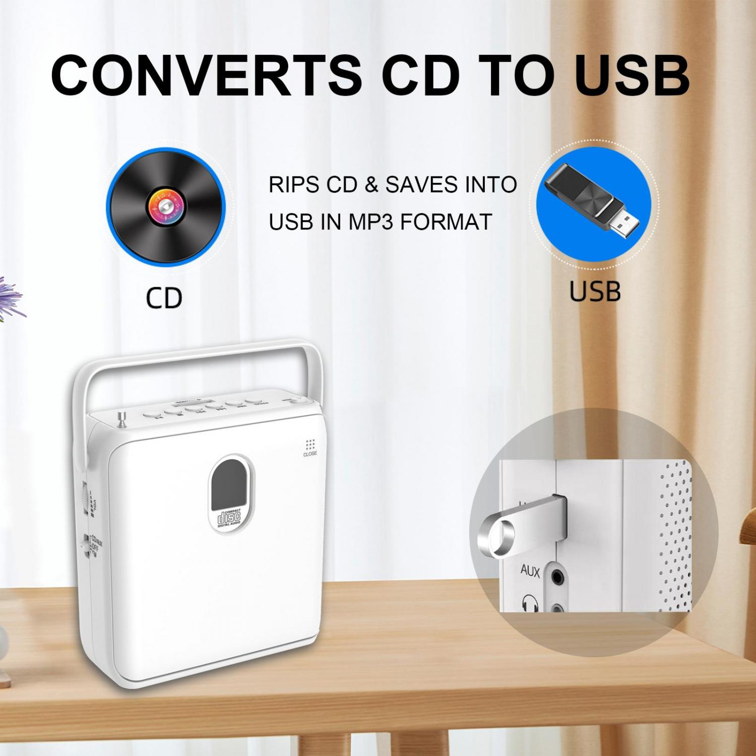 Ein weißer CD-Player mit AUX-Anschluss und USB-Port, der CDs in MP3 konvertiert.