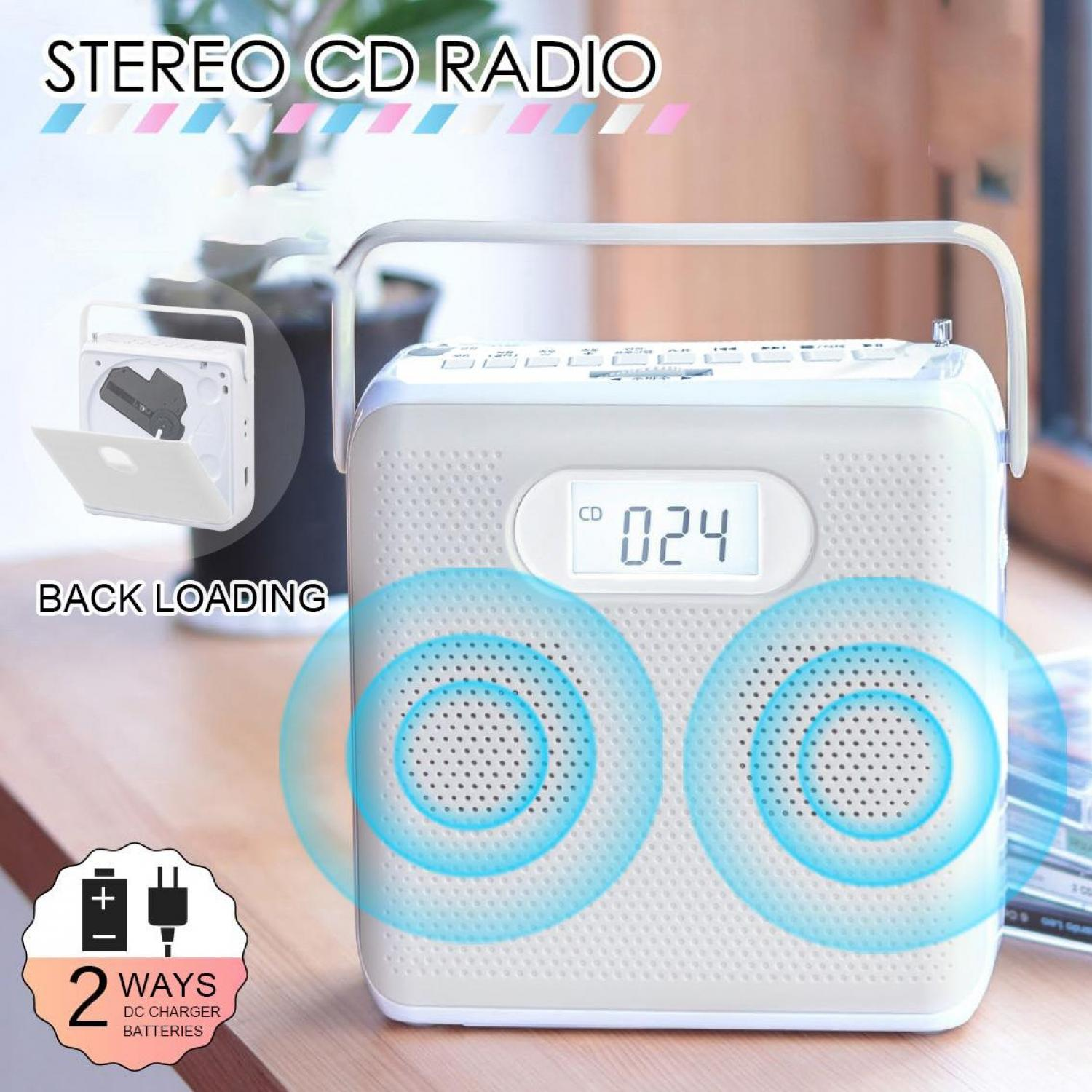 Ein weißes Stereo-CD-Radio mit Lautsprechern, CD-Fach und Batterie-/Ladestandanzeige.