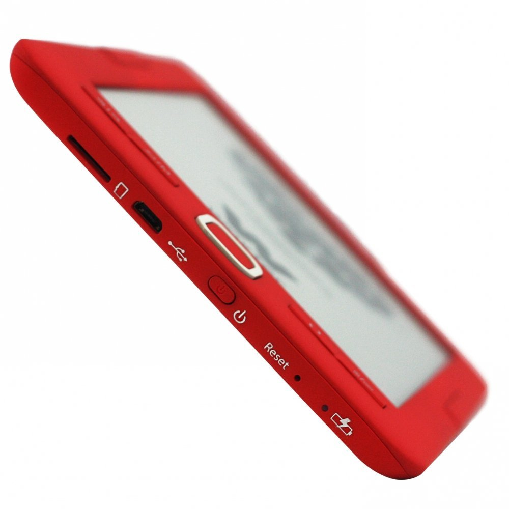 Un dispositivo lector de libros electrónicos rojo con puerto USB y botón de encendido.