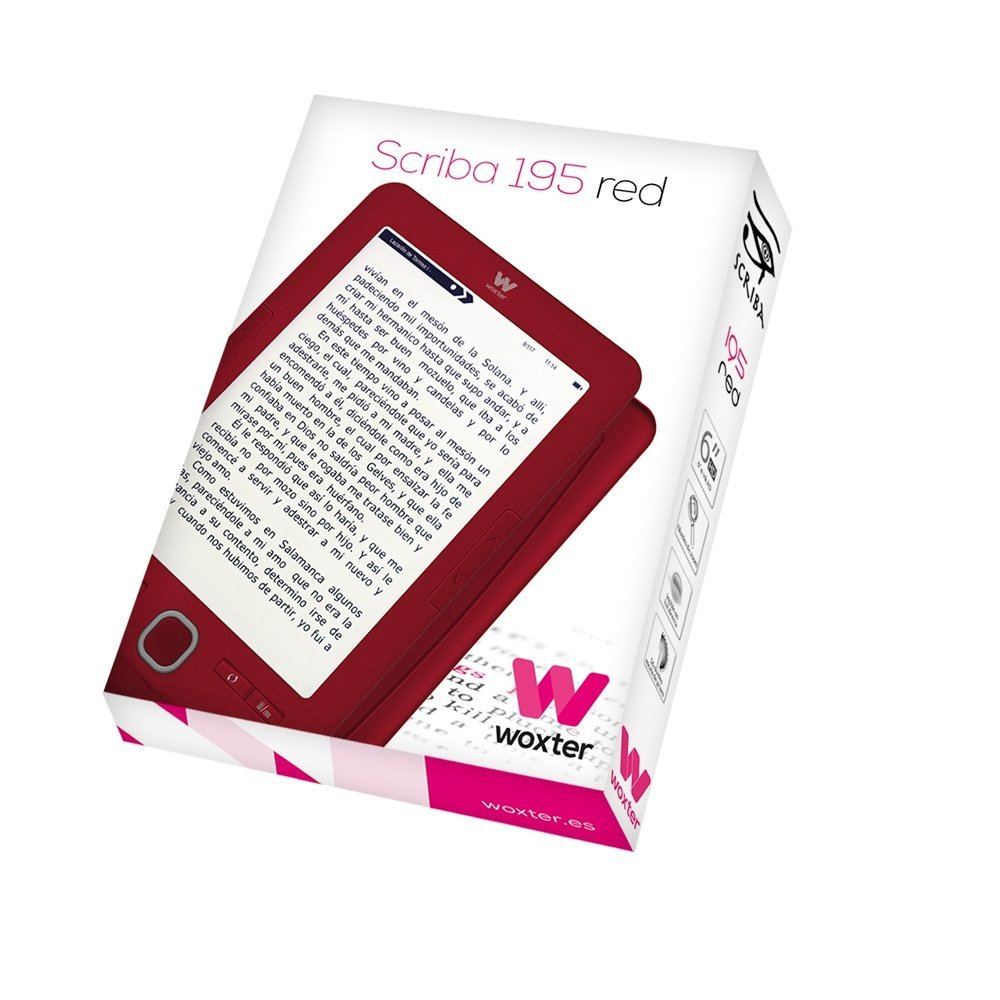 Un lector de libros electrónicos rojo en su embalaje de marca, el Woxter Scriba 195.