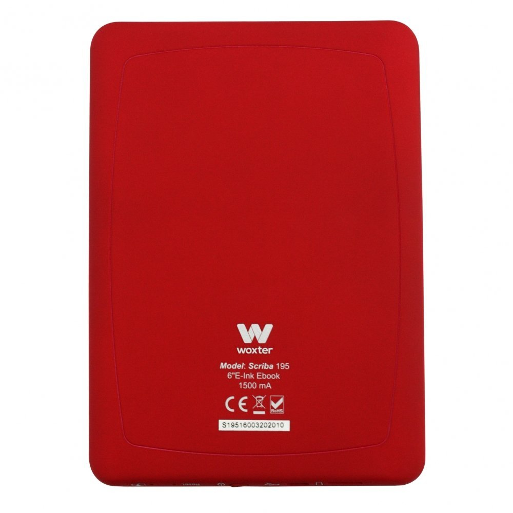 Libro electrónico Woxter rojo con sellos CE y RoHS y número de serie.