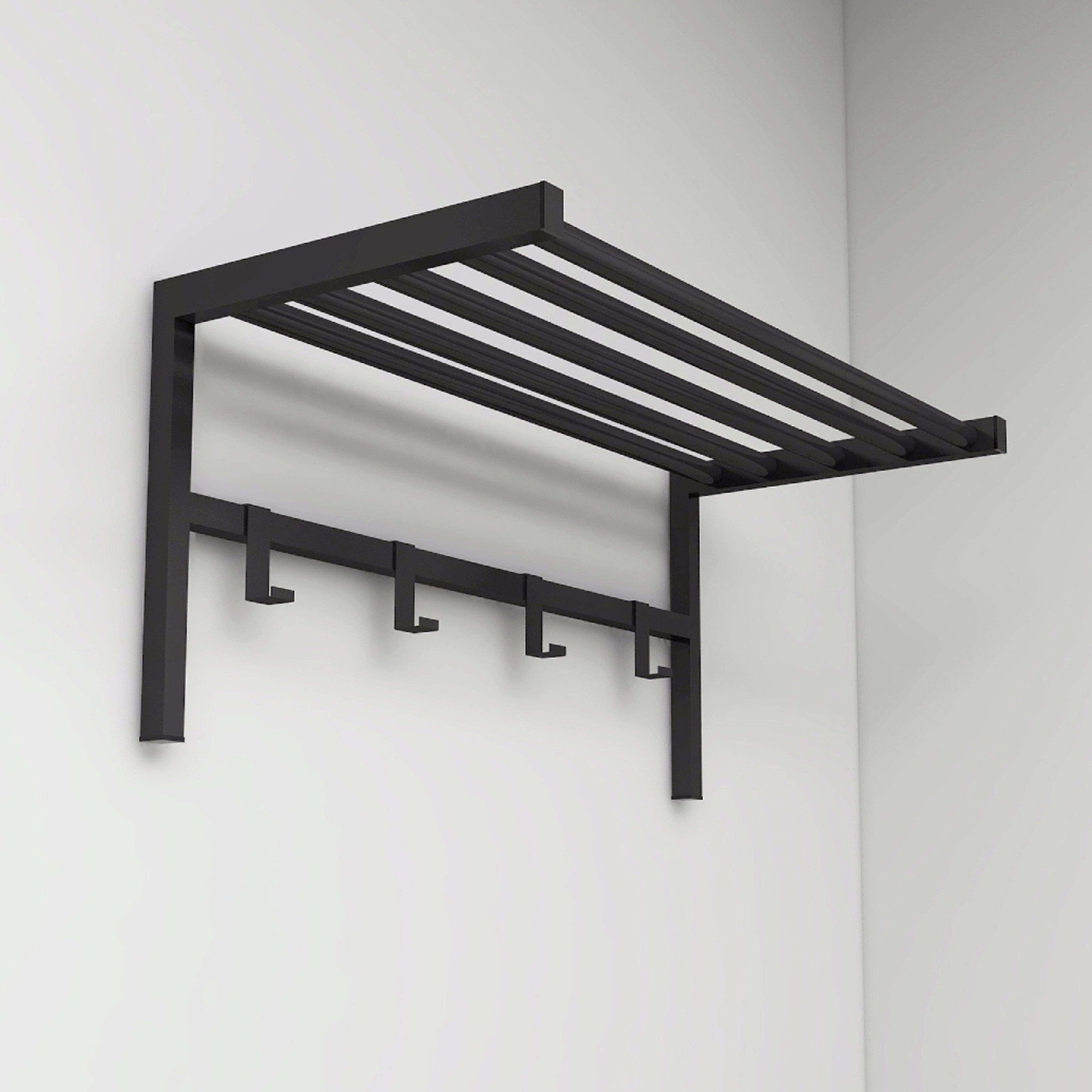 Estante de pared negro con ganchos, estilo moderno.