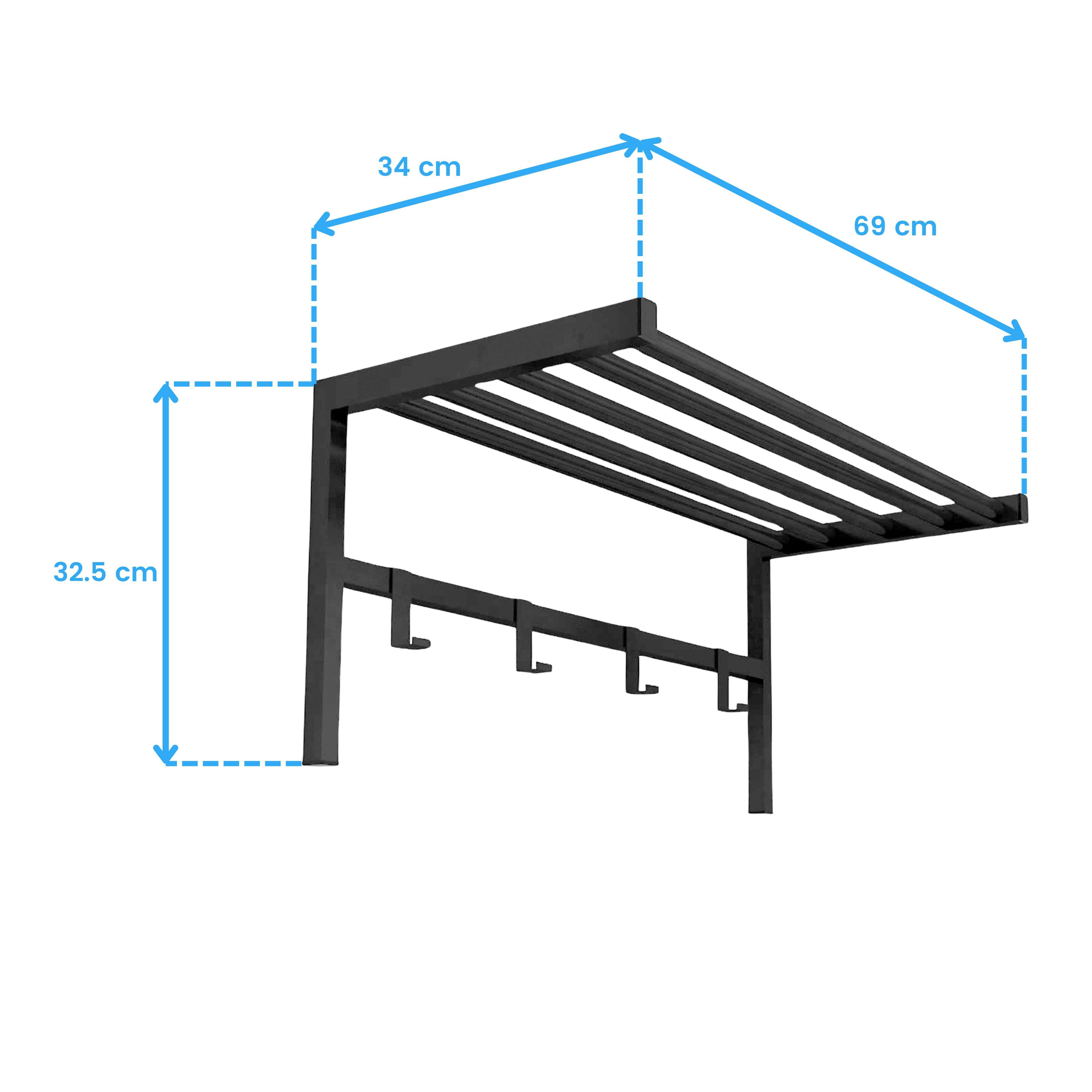 Perchero negro de pared con estante, medidas 69x34x32.5 cm.