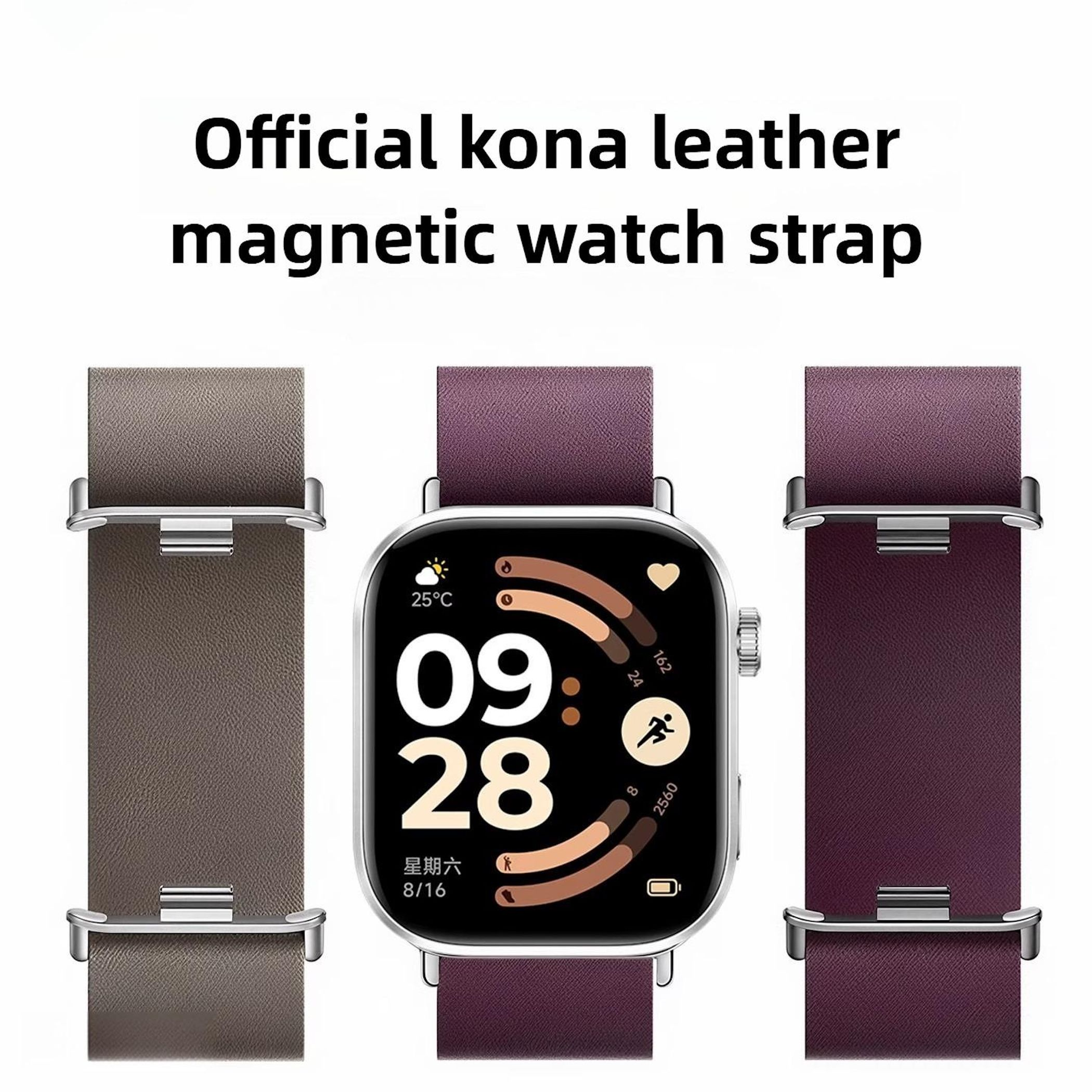 Drei Leder-Uhrenarmbänder: ein graues, ein lila und eine Smartwatch mit lila Band.