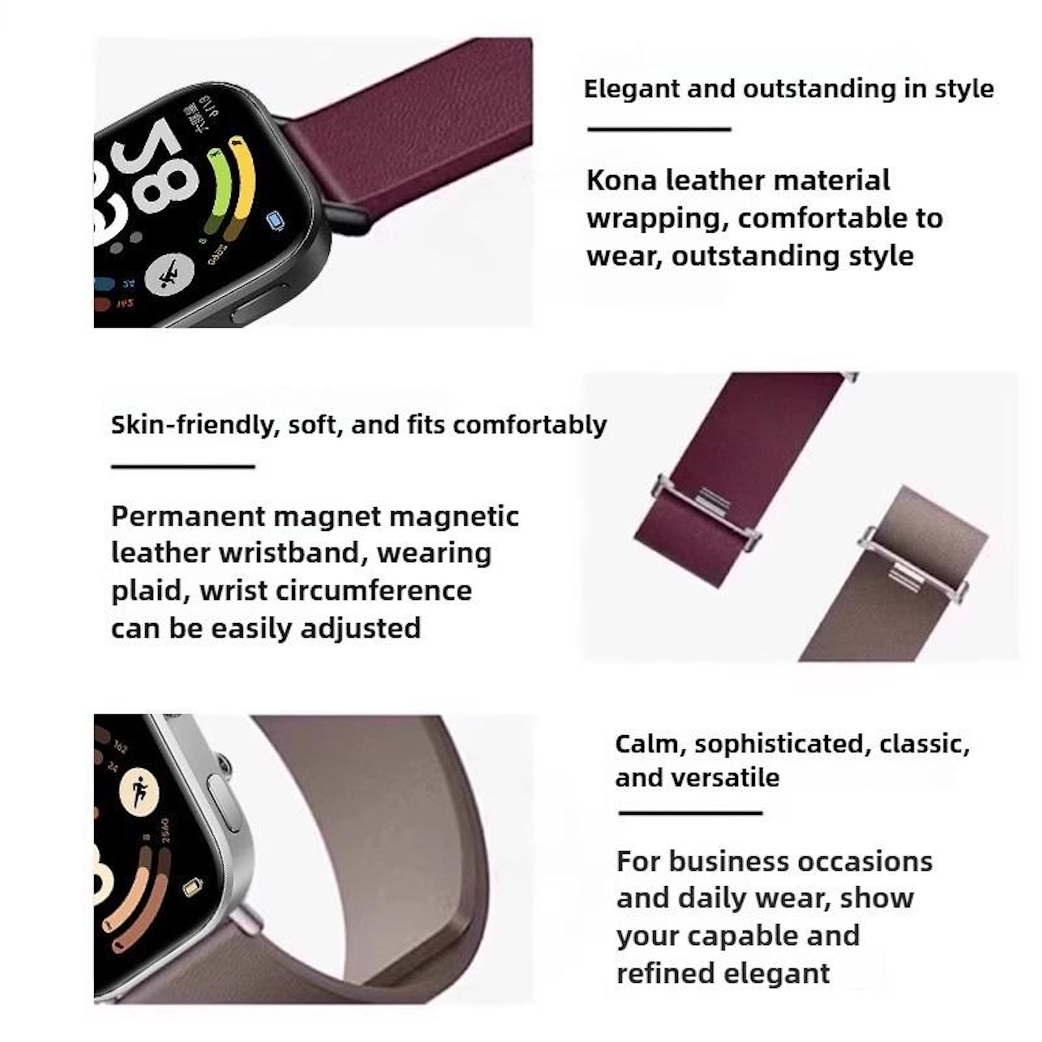 Nahaufnahme einer Smartwatch mit Zifferblatt und einem violetten Lederarmband.