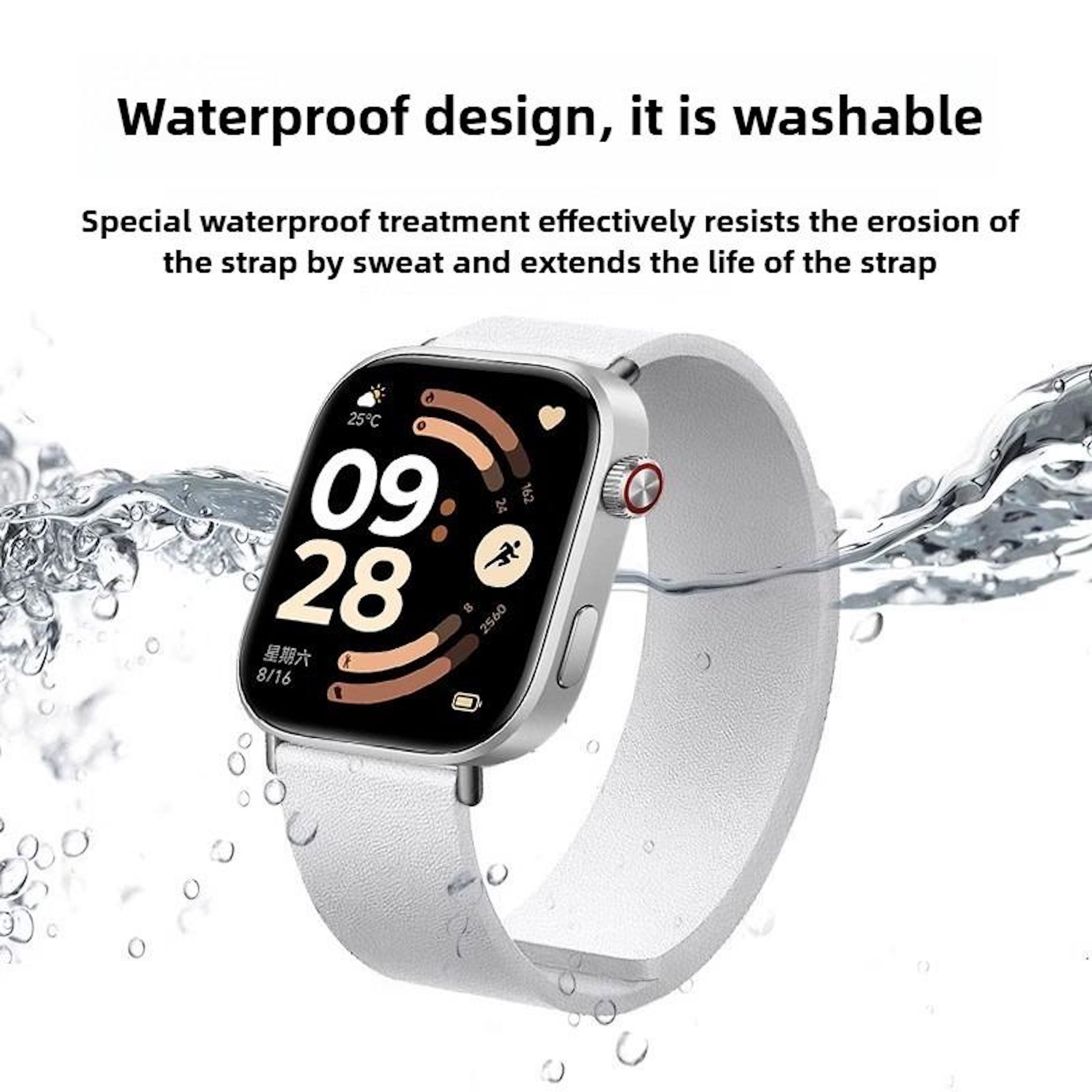 Eine weiße Smartwatch mit silbernem Gehäuse in Wasser.
