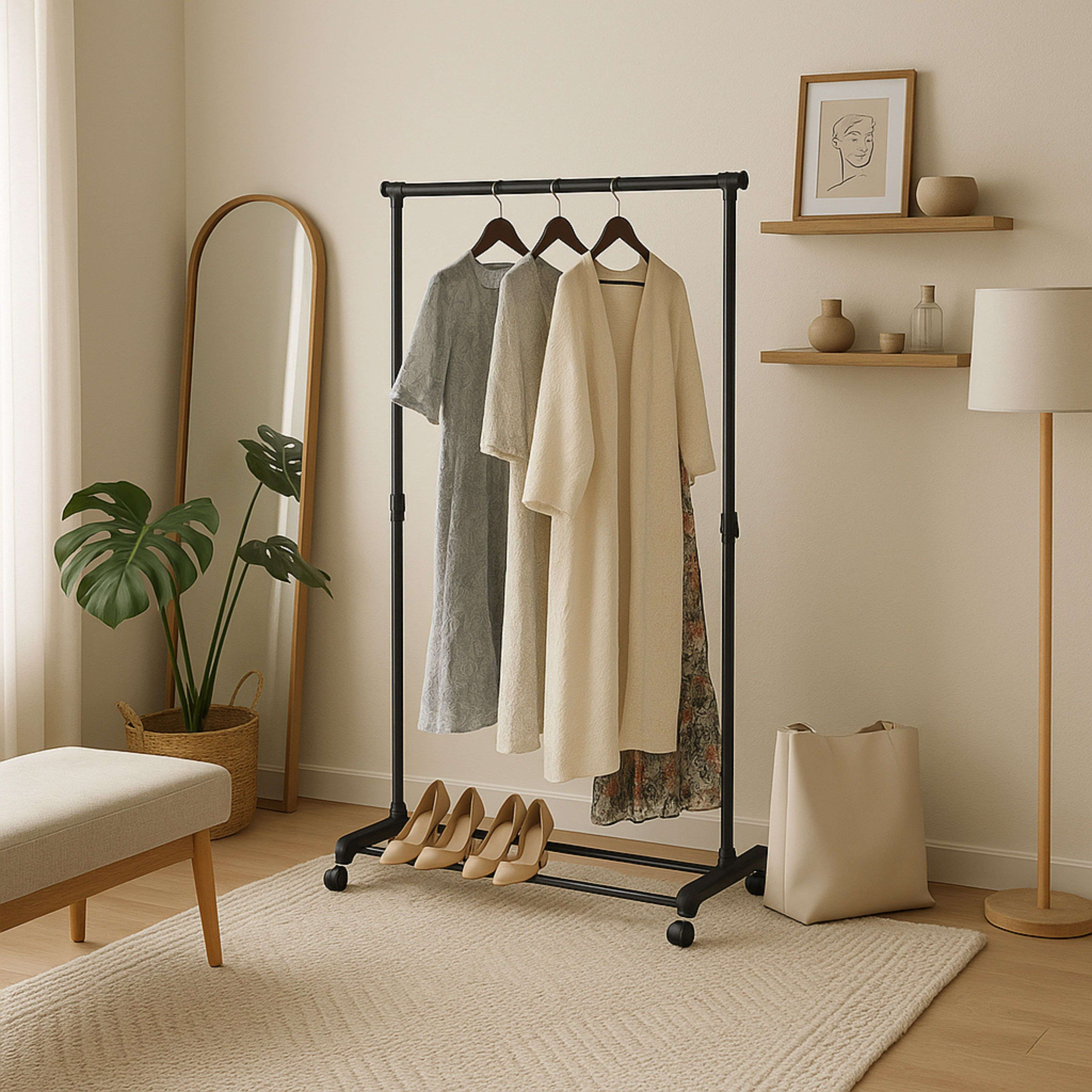 Un perchero con prendas, zapatos y un bolso en una habitación minimalista.