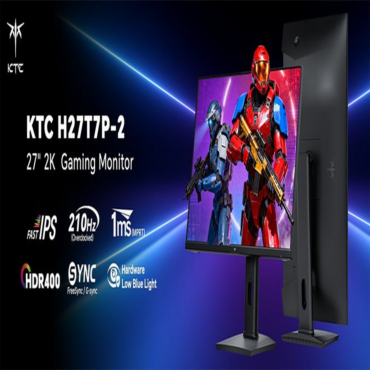 KTC H27T7P-2 Gaming-Monitor-Anzeige mit 2 gepanzerten Charakteren. Merkmale: IPS, 210Hz, 1ms, HDR400, FreeSync.